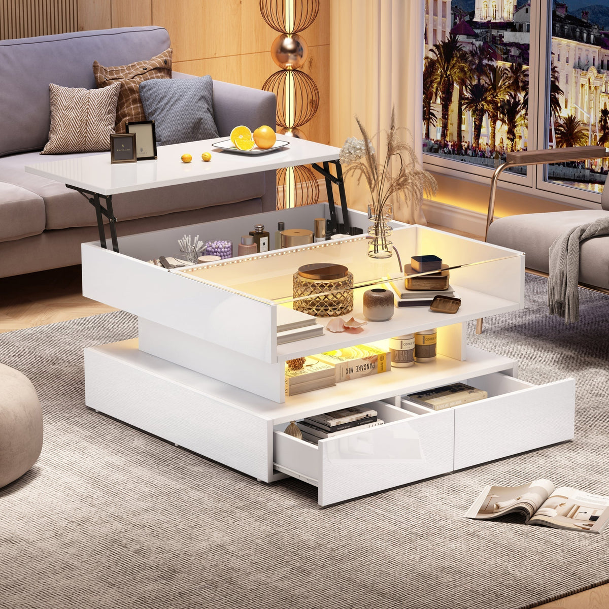 Coffee Table, 80x80x45cm Height-Adjustable Storage LED Lights Tempered Glass, White