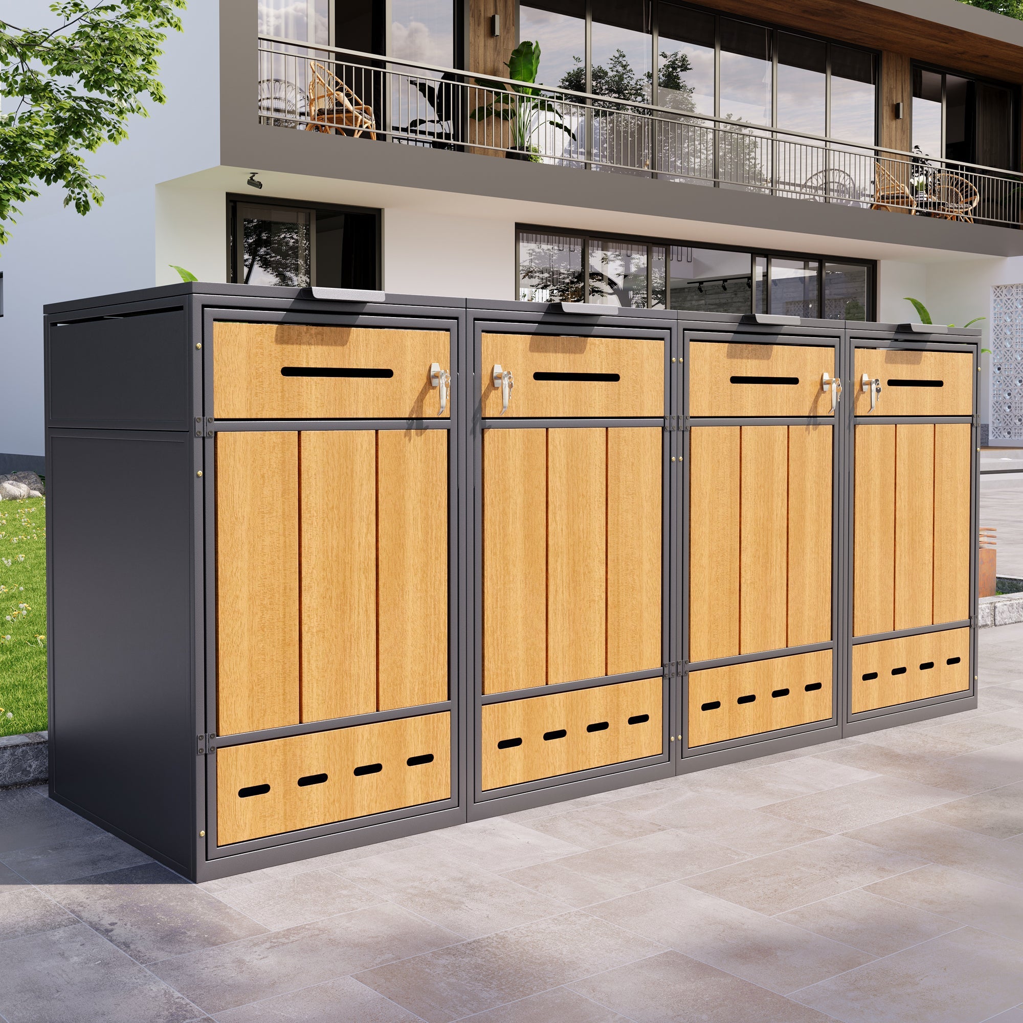 Bin Storage Unit for 4 Trash Cans, Lockable with Ventilation, Steel