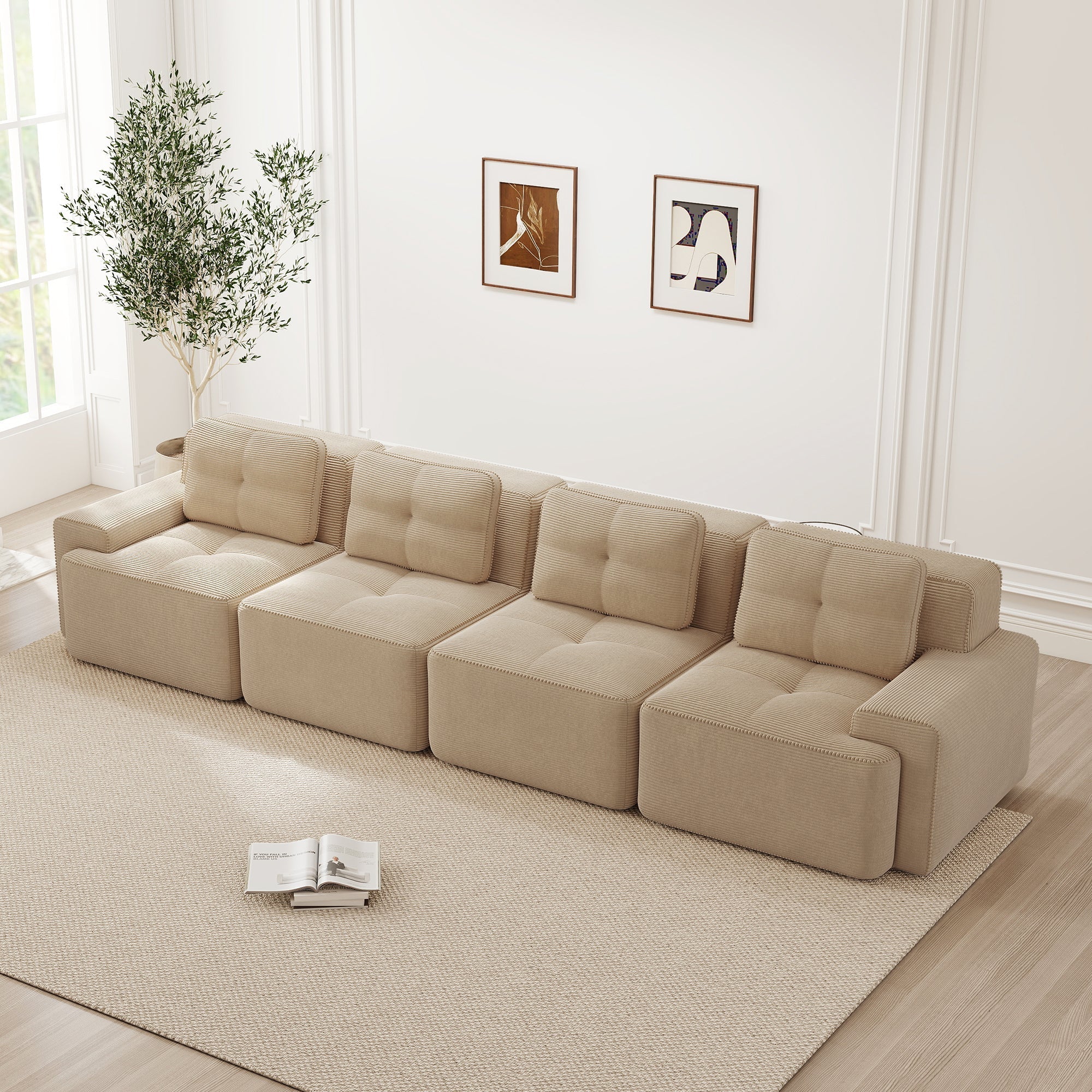 Boneless Sofa Modular 4-Seater Deep Seat Assembly-Free Corduroy Beige