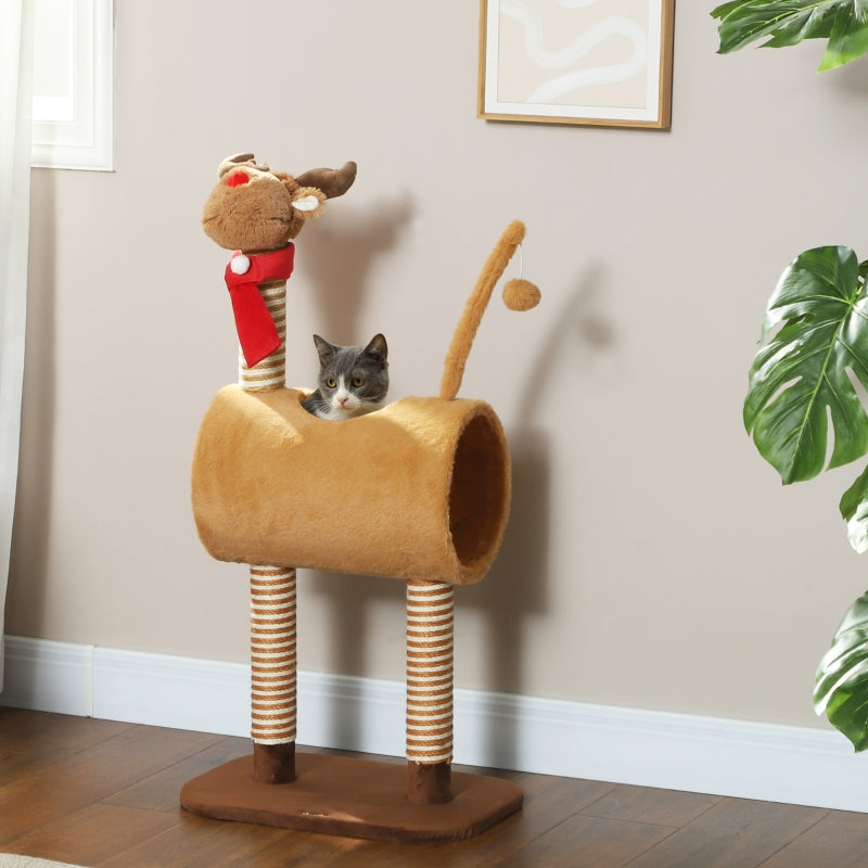 Katzenbaum 98cm Reh-Design, Höhle, Spielball, Jutestämme Braun
