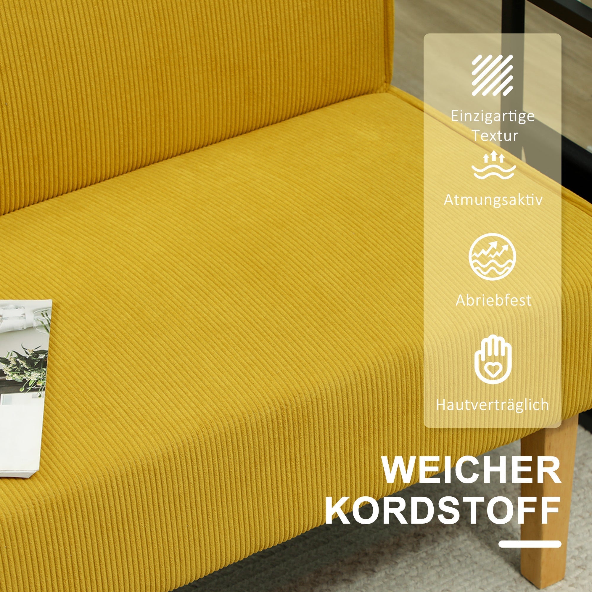 2-Seater Sofa Upholstered Corduroy Wooden Legs, Yellow