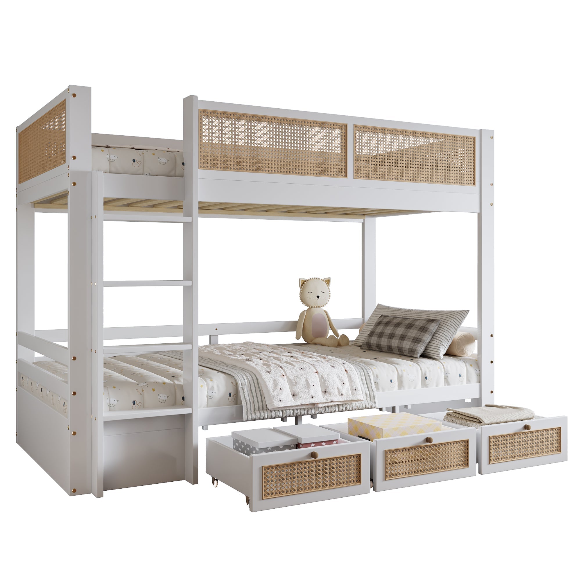Bunk Bed, Rattan Fence with Drawers & Safe Rails, Pine + MDF + Plywood, White + Natural, 90x200cm
