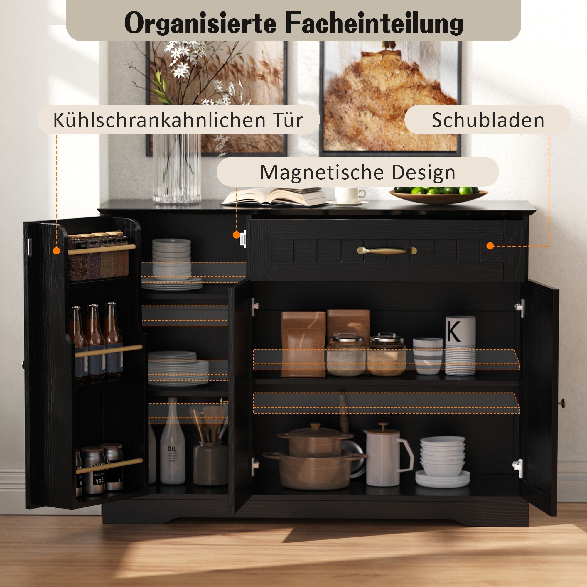 Sideboard Modern Elegant 3 Doors 1 Drawer - Black
