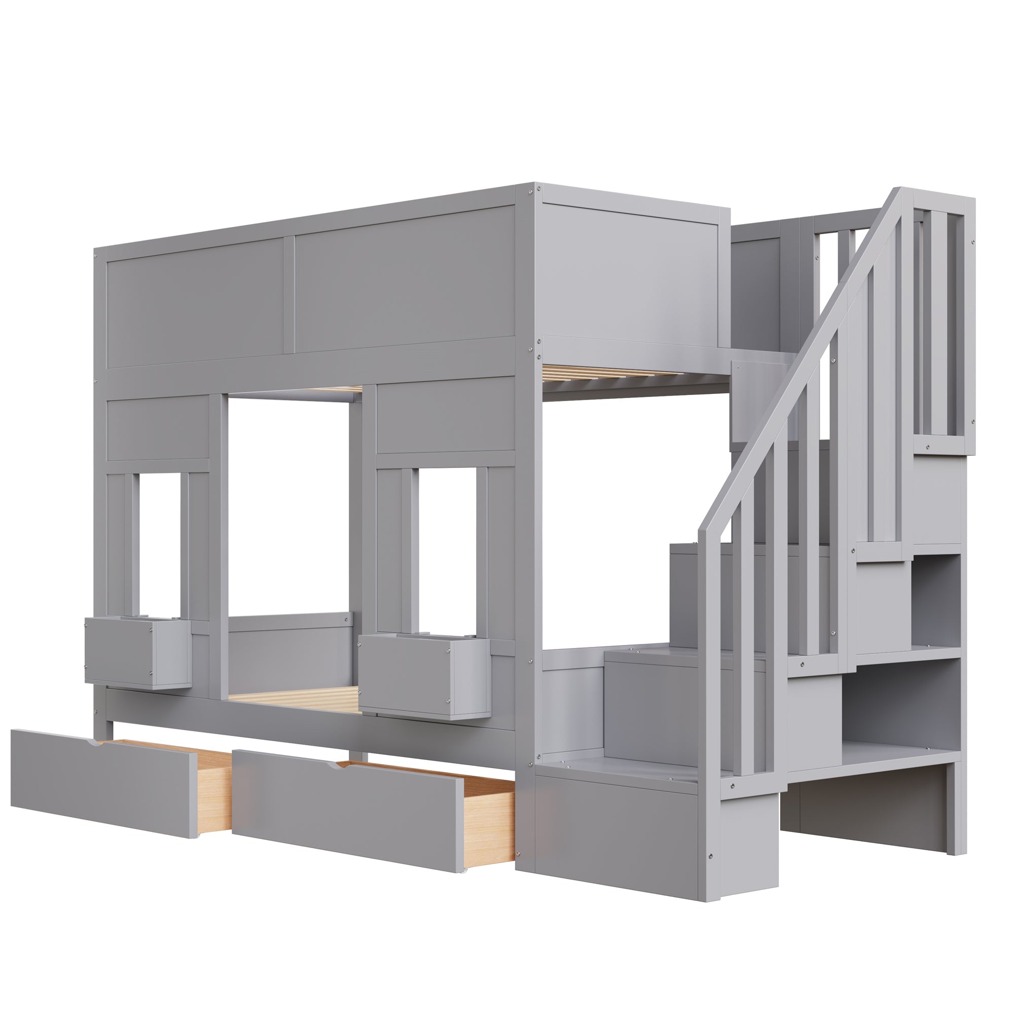 Bunk Bed with Storage Stairs, Drawers, Windows and Safety Railing, 90x200cm, Wood