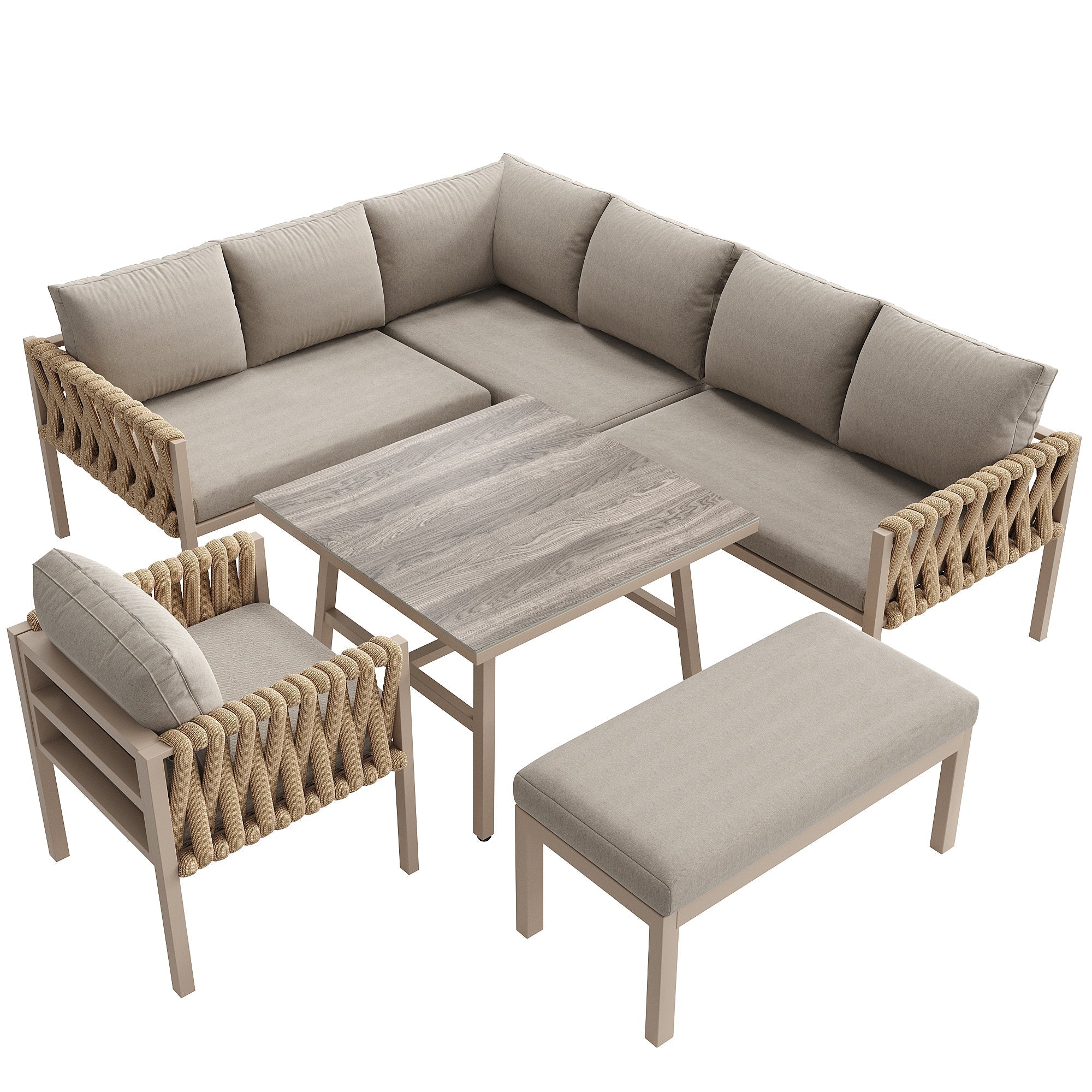 Rope Garden Furniture Set Corner Sofa Adjustable Legs Tempered Glass Beige