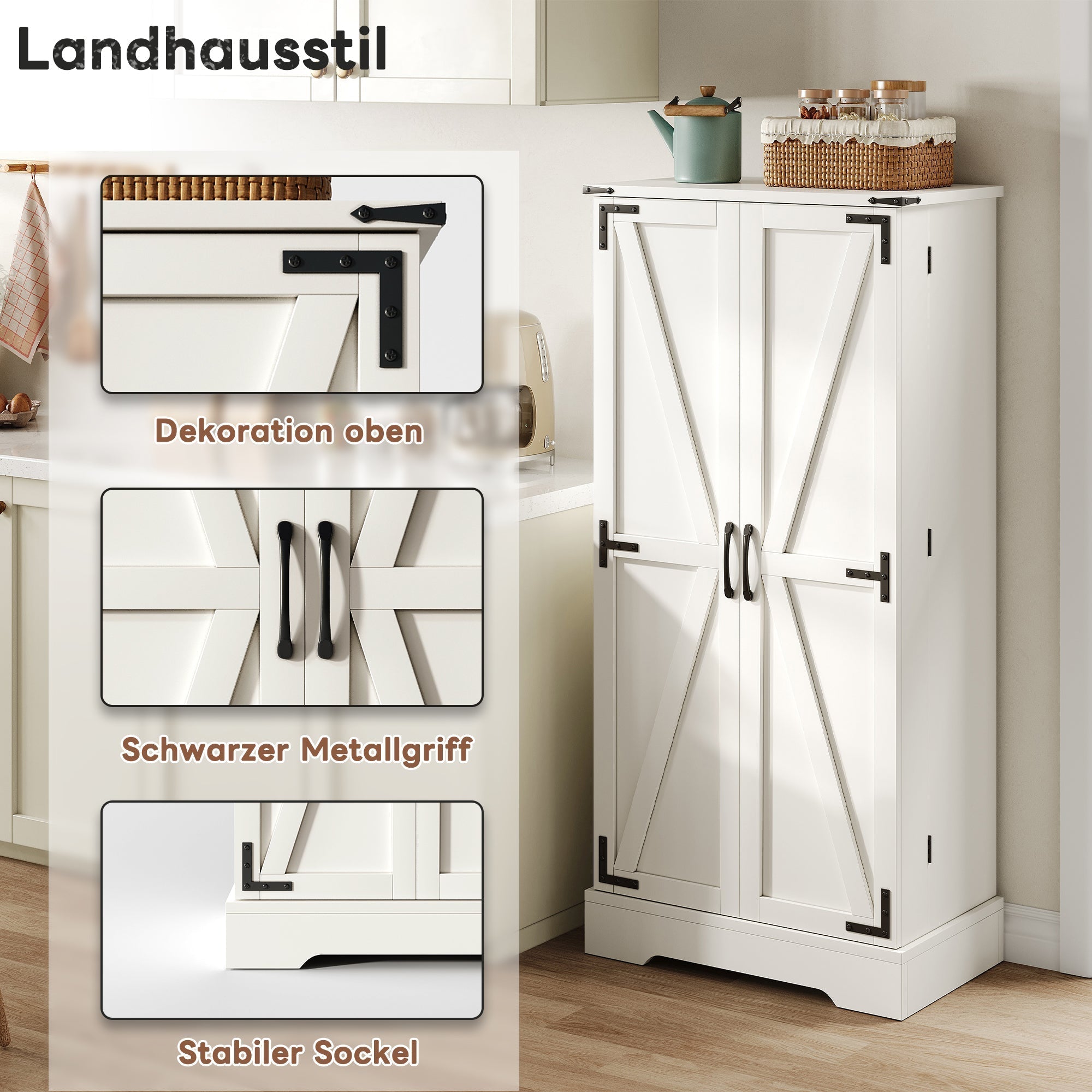 Pantry Cabinet 128.5cm Farmhouse LED 2 Doors Adjustable Shelves - White