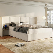 Upholstered Bed 160x200cm Hydraulic Storage USB Power Outlets 2 Bedside Tables Velvet Beige