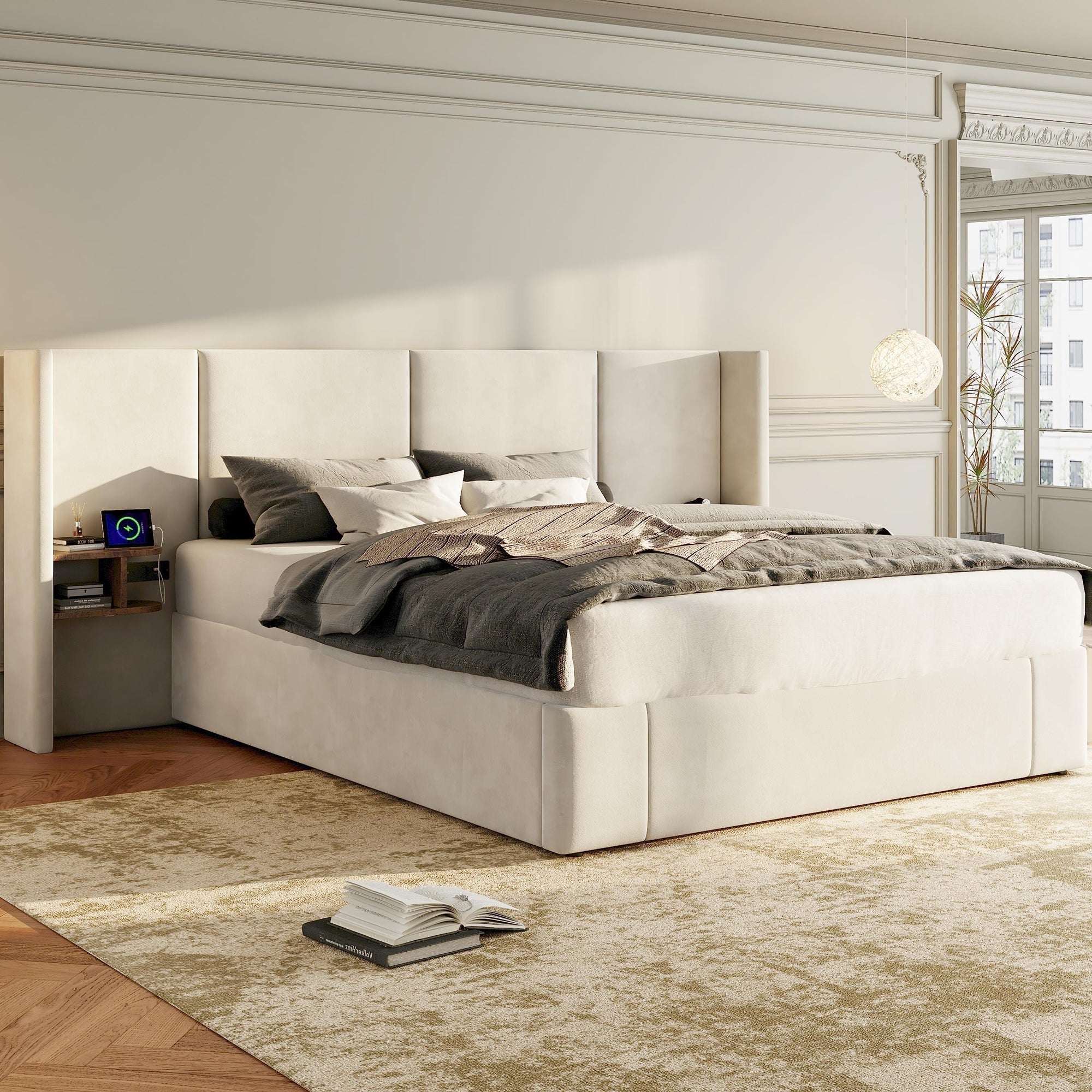 Upholstered Bed 160x200cm Hydraulic Storage USB Power Outlets 2 Bedside Tables Velvet Beige
