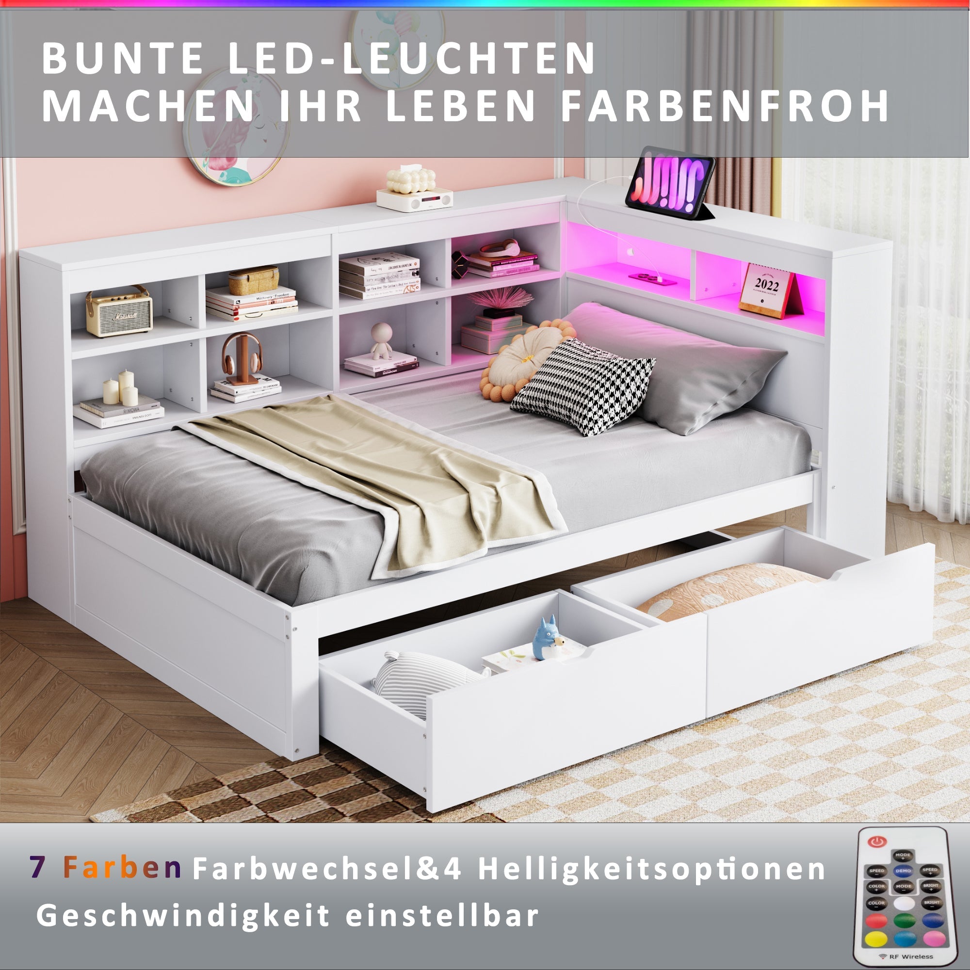 Solid Wood Sofa Bed 90x200cm Multifunctional USB/LED Storage, White