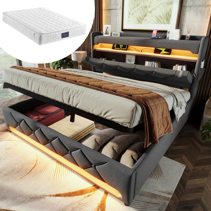 Upholstered Double Bed 140x200 Storage Headboard USB/Type-C 360° LED Hydraulic, Grey Linen