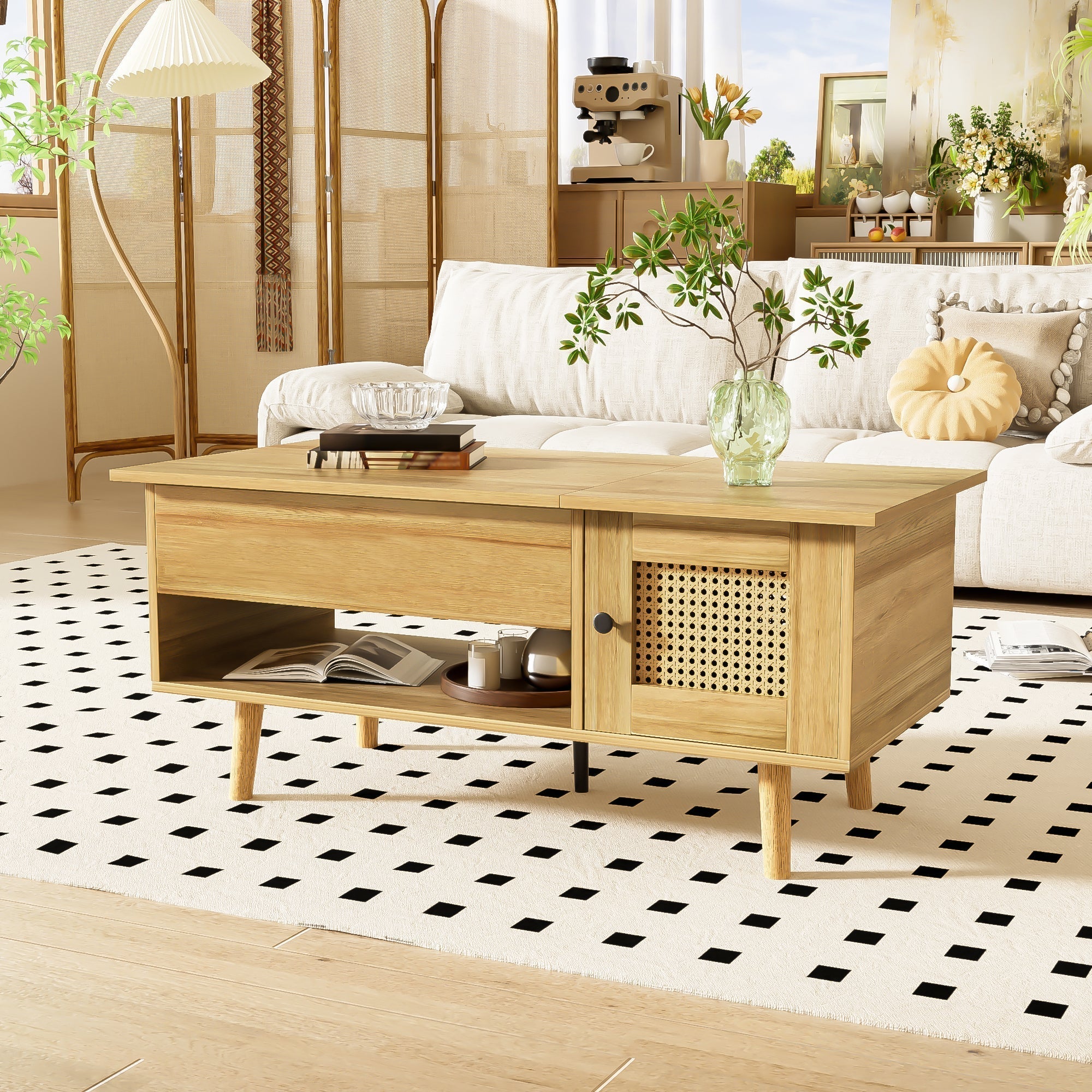 Coffee Table Lift-Up Top Rattan Doors Storage Wood/Black