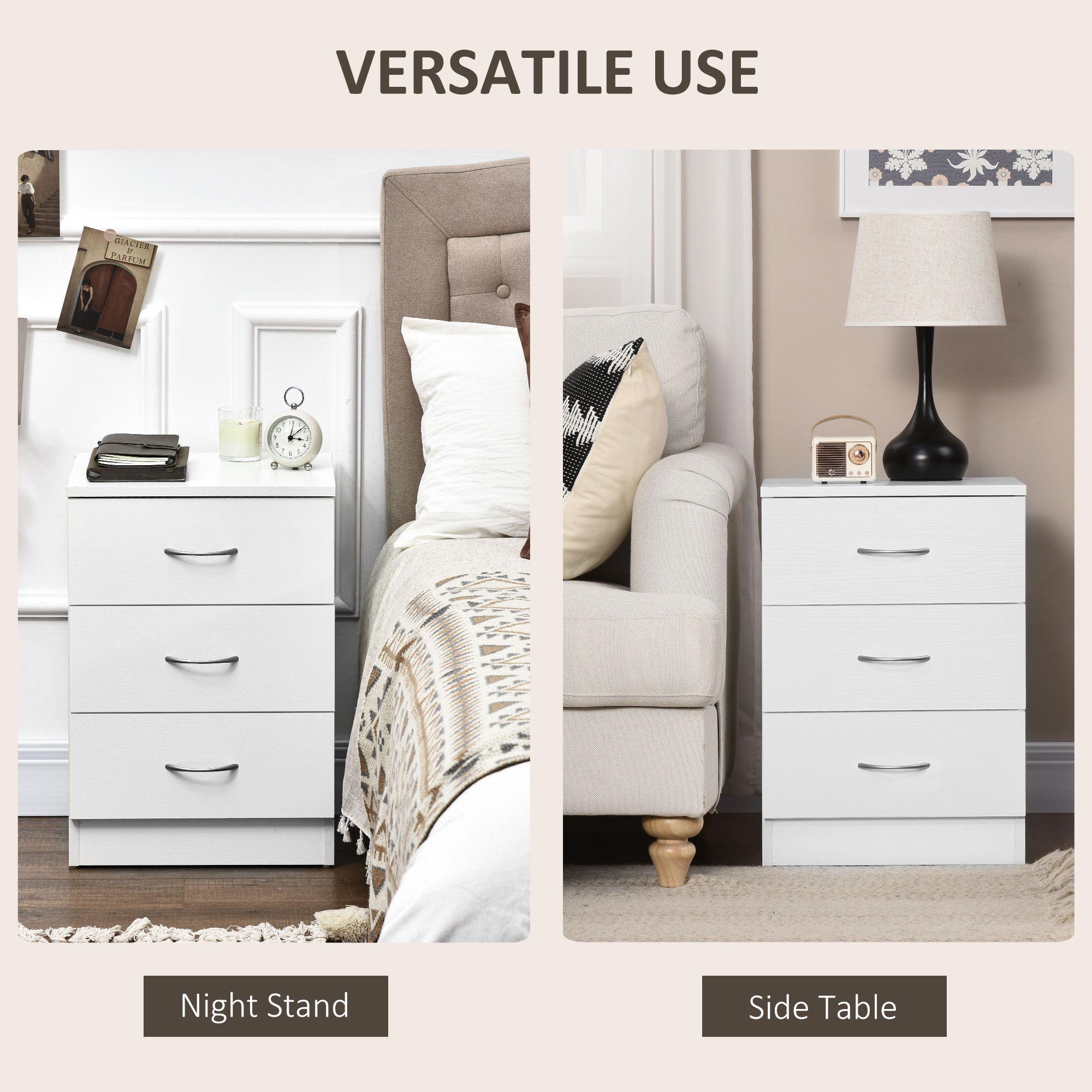 Three-Drawer Bedside Table Simple Design - White