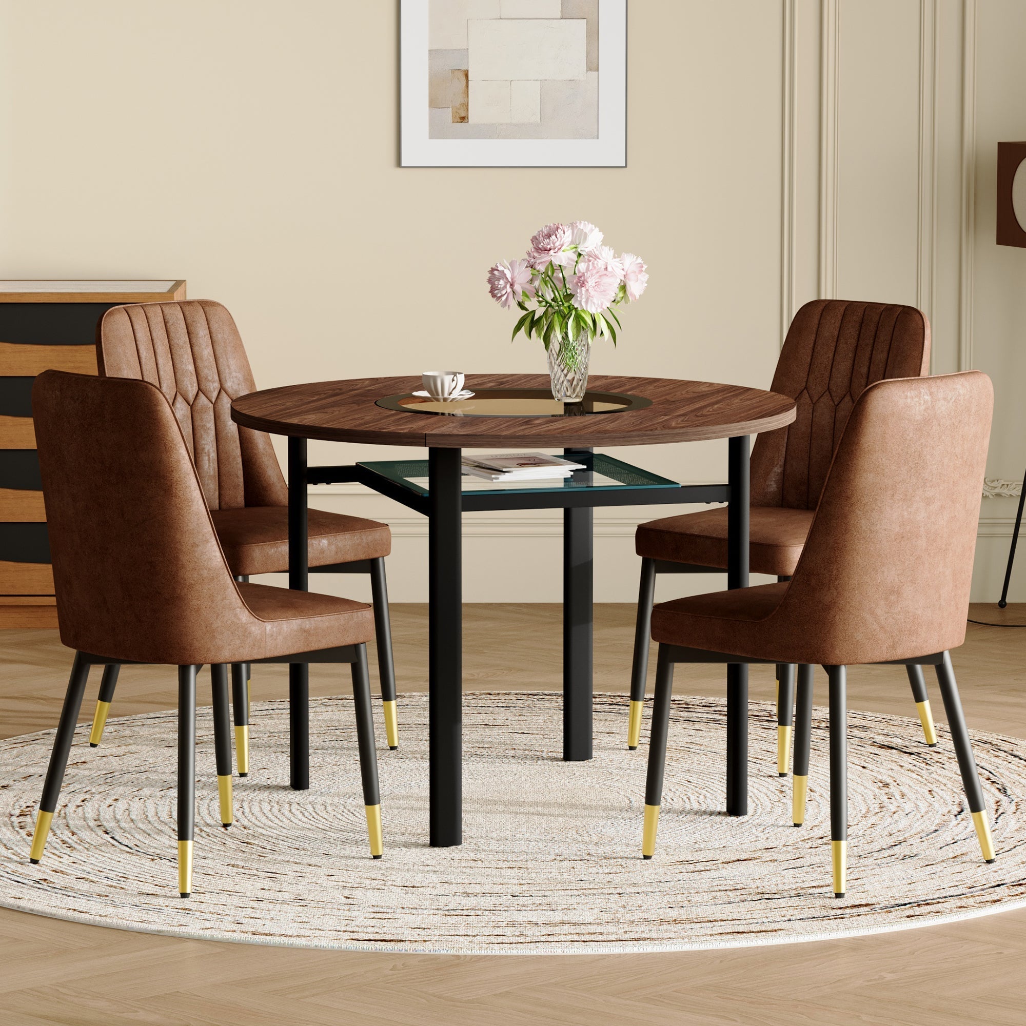 Dining Set Round 100cm Wood Look Table with 4 Chairs Brown Tech Fabric