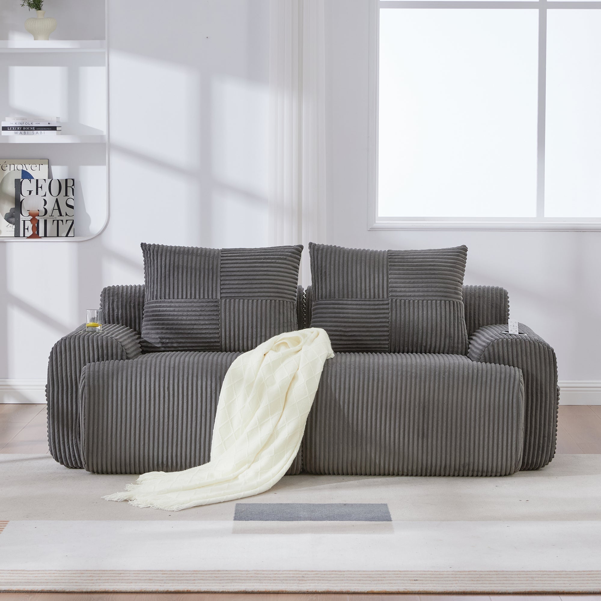 Modular Corduroy 2-Seater Sofa with Cup Holder and Storage Pocket, Dark Grey