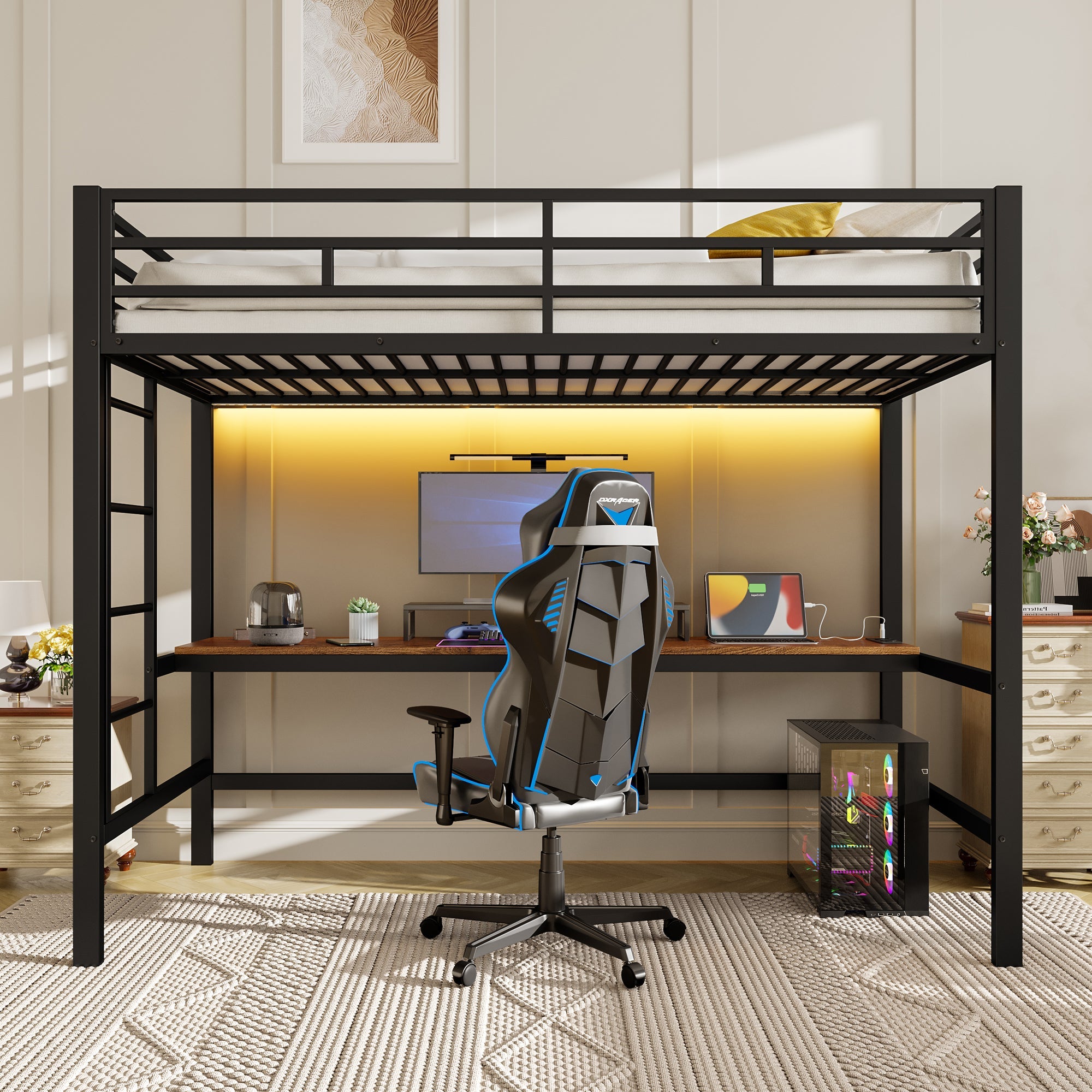 Loft Bed with Desk, USB, Power Outlets and App-Controlled LED Lights, 90x200cm, Black Metal