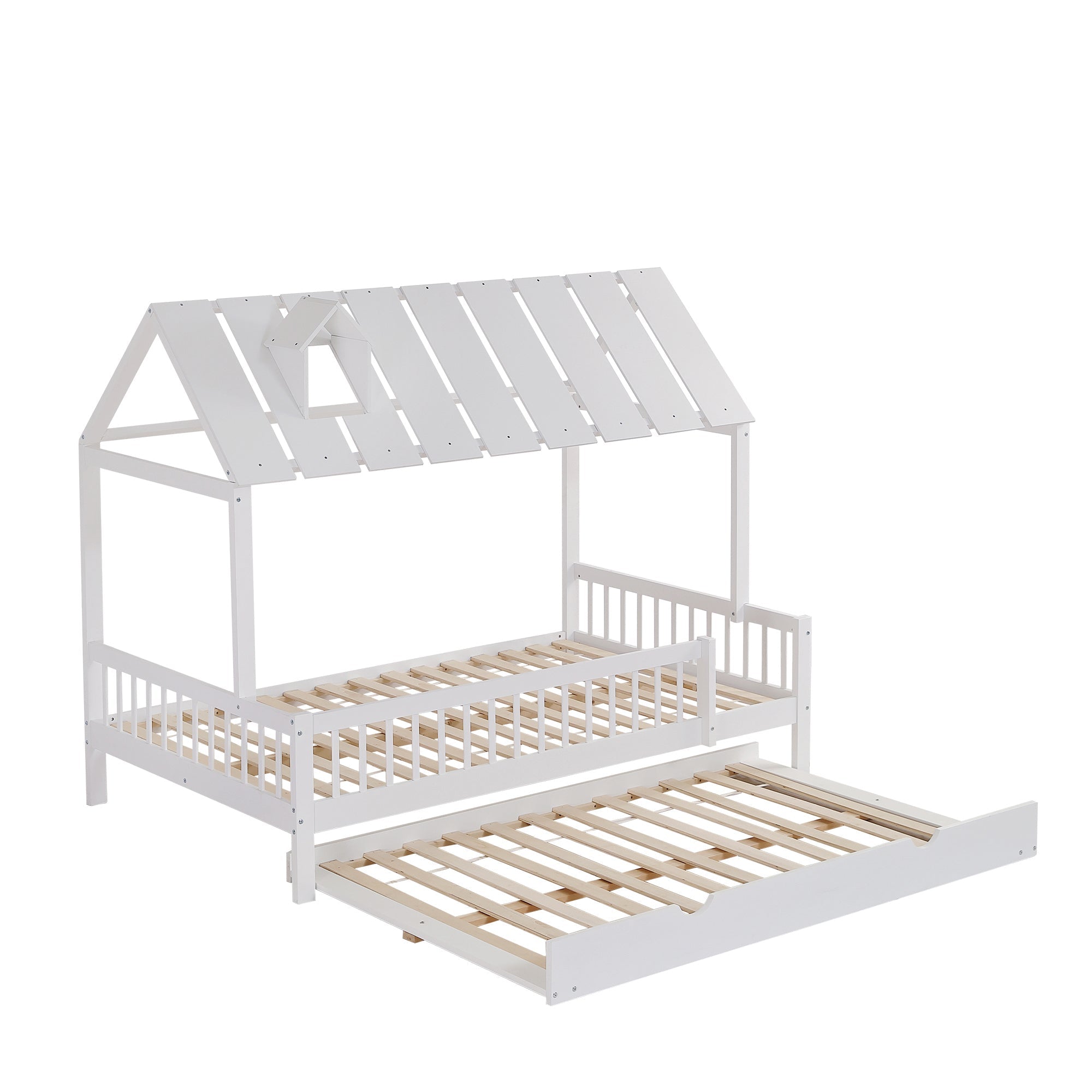 House Bed, Trundle Bed with Chimney, 3-Sided Rail, Pine+MDF, White