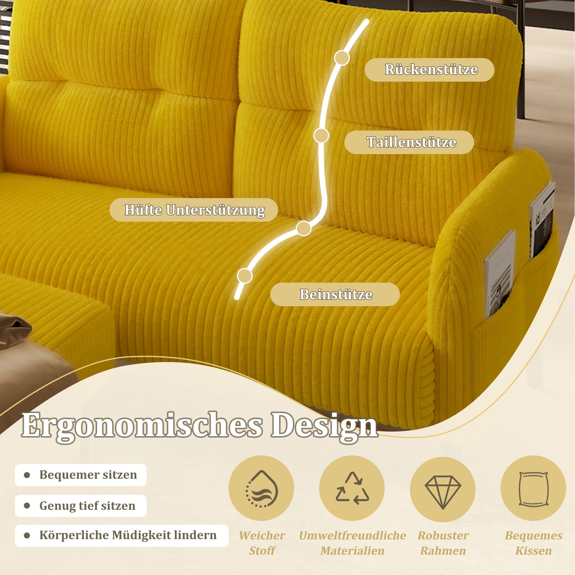 Corduroy Two-Seater Sofa Comfort Padding High Backrest Side Pockets Metal Feet, Corduroy Fabric