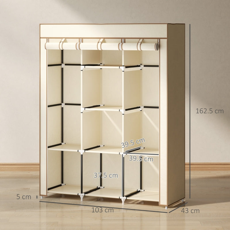 Fabric Wardrobe with Rails and Shelves, Cream White