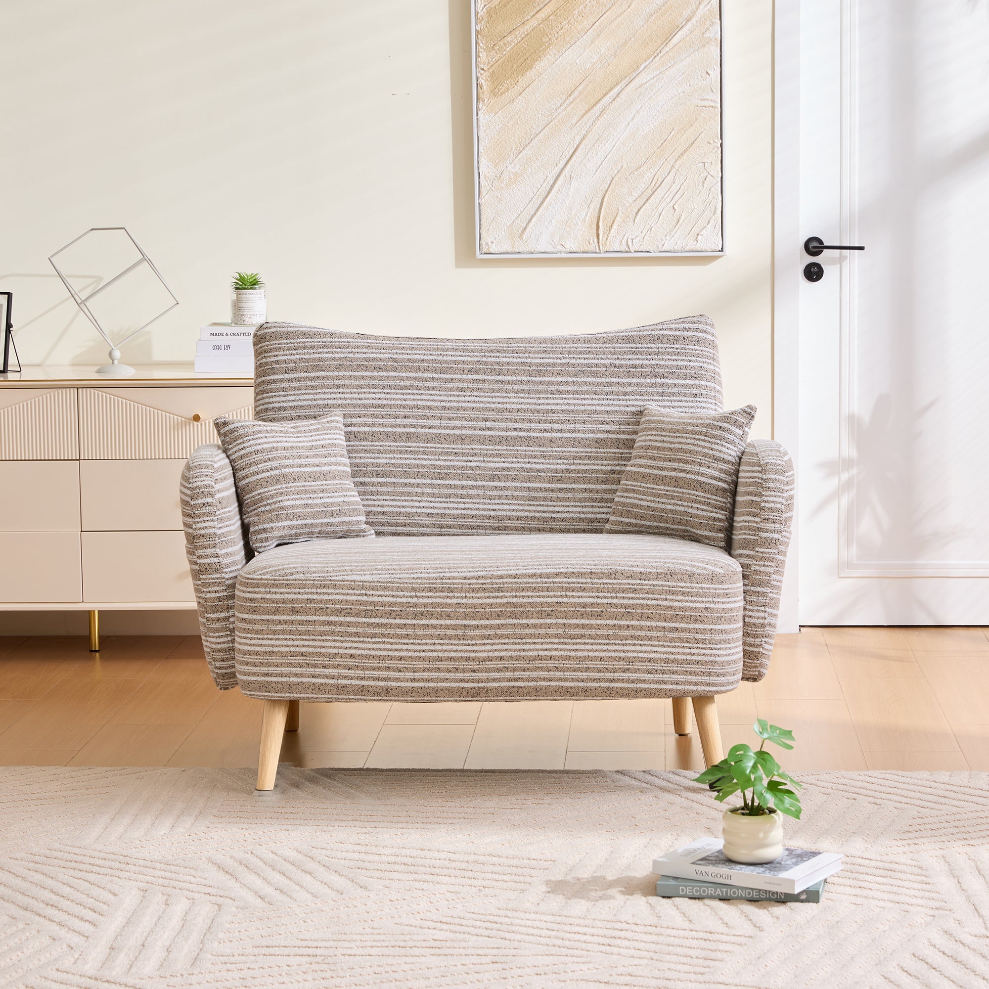 Modern Two-Seater Sofa with Armrest Cushions and Storage Bag, Loop Fabric