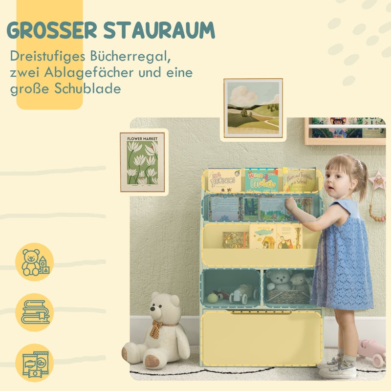 Children's Bookcase with Drawer, 3 Shelves, 2 Open Compartments, Light Green