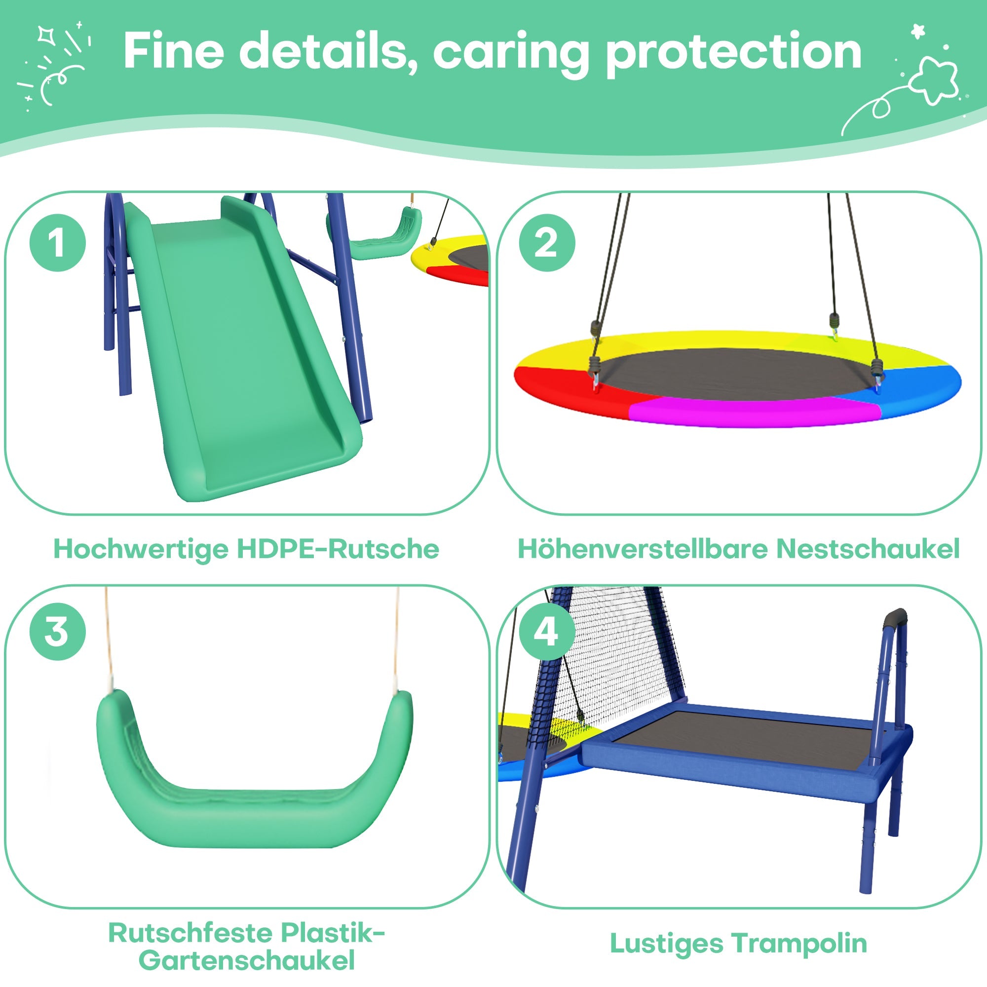 Multifunctional outdoor swing set with slide, trampoline, round nest swing, and plastic swing, safe and durable