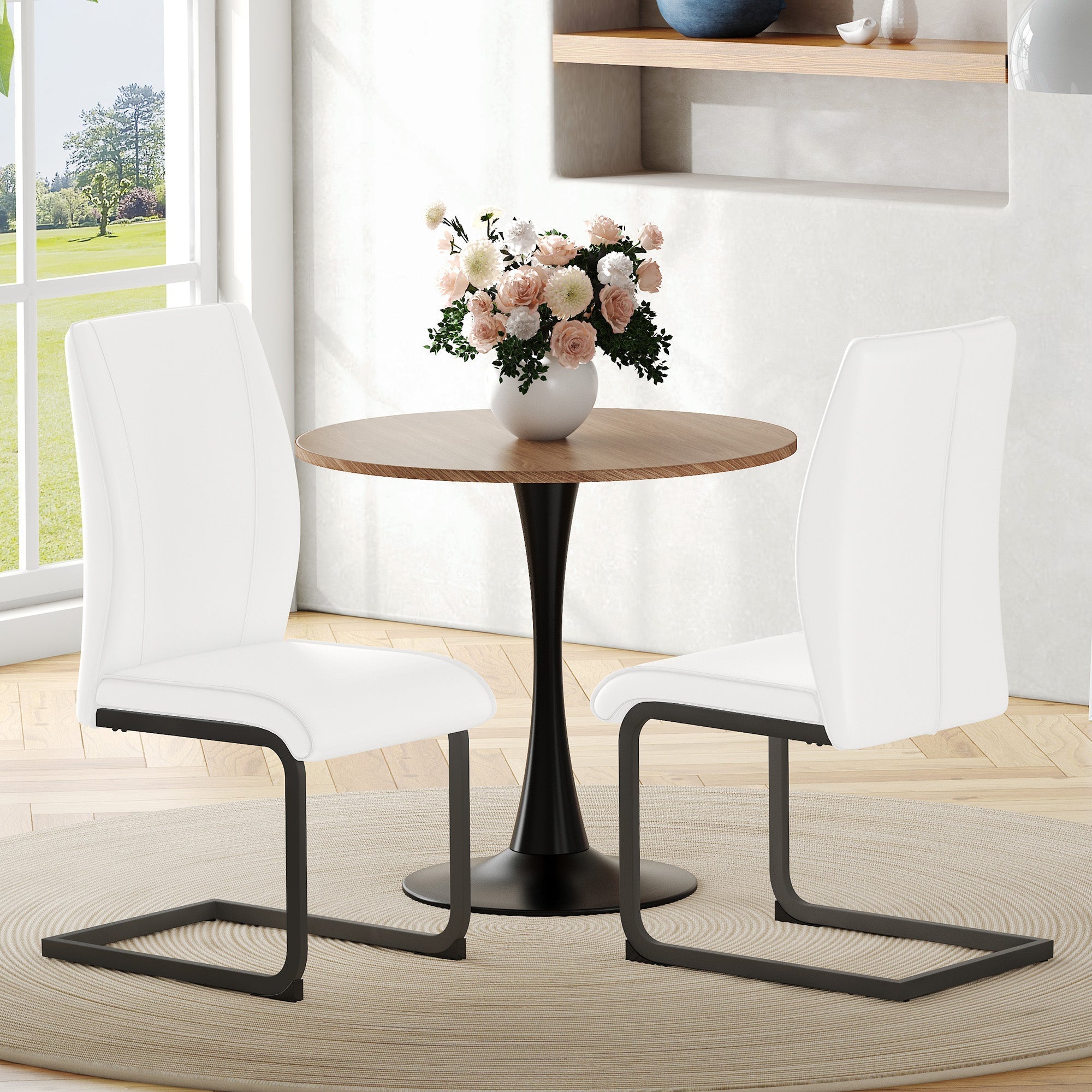 Dining Chairs Set of 2 Faux Leather Ergonomic Black Metal Legs - White
