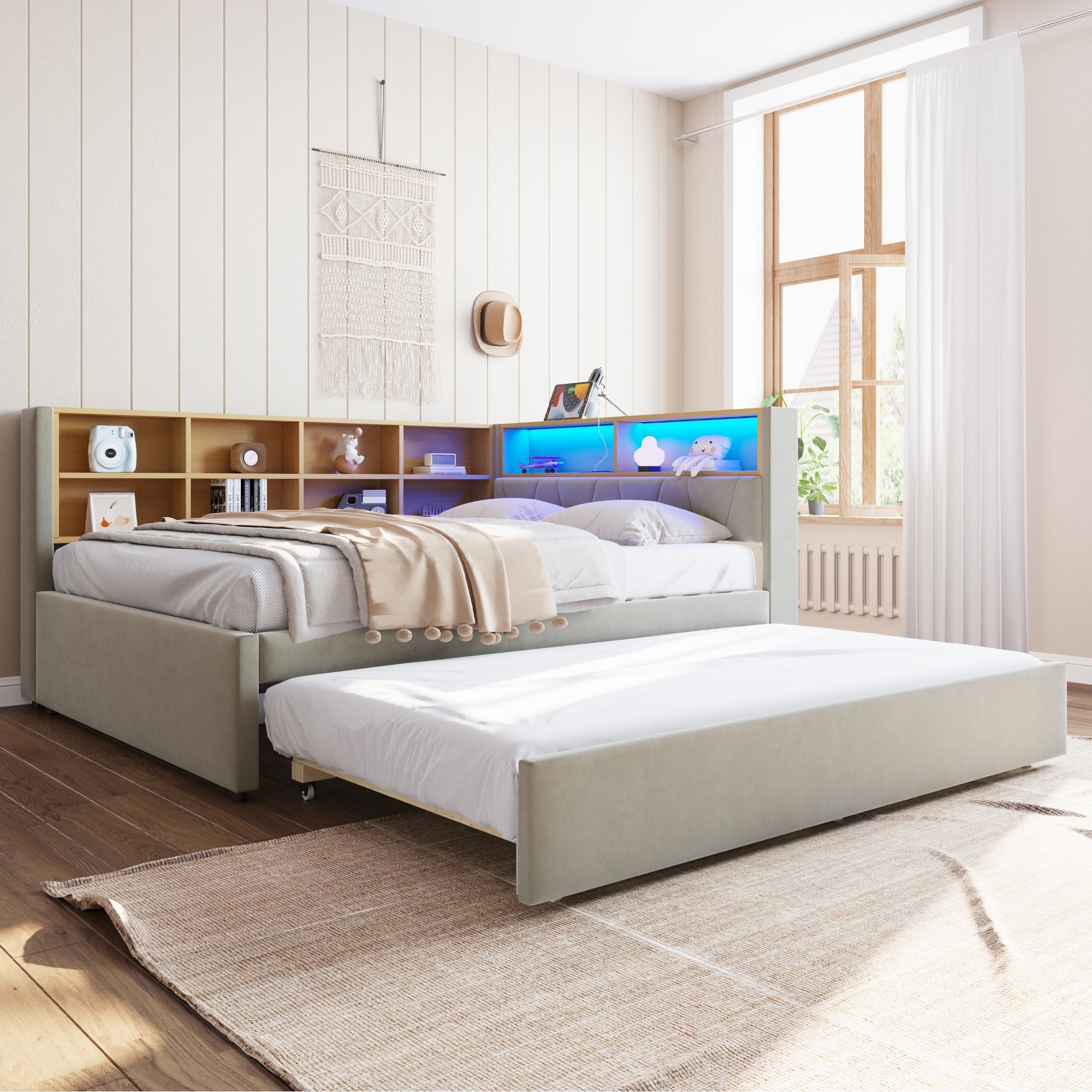 Sofa Bed 140x200, Pull-out Bed 90x190, LED Lights, Storage, Upholstered, Flannel, Light Gray