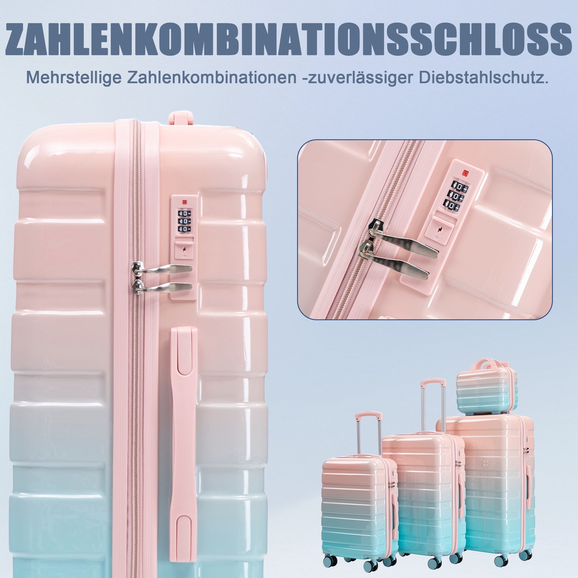 PC Spinner Luggage Set 4-Piece with Combination Lock and Cosmetic Bag - Pink