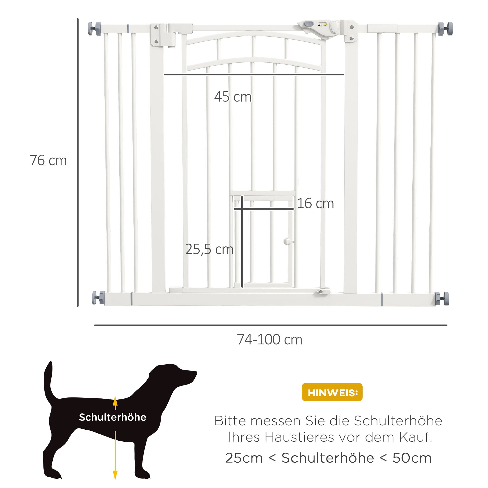 Treppenschutzgitter für Hunde, automatisch schließend, Katzenklappe, bohrfrei, 74-100cm, weiß