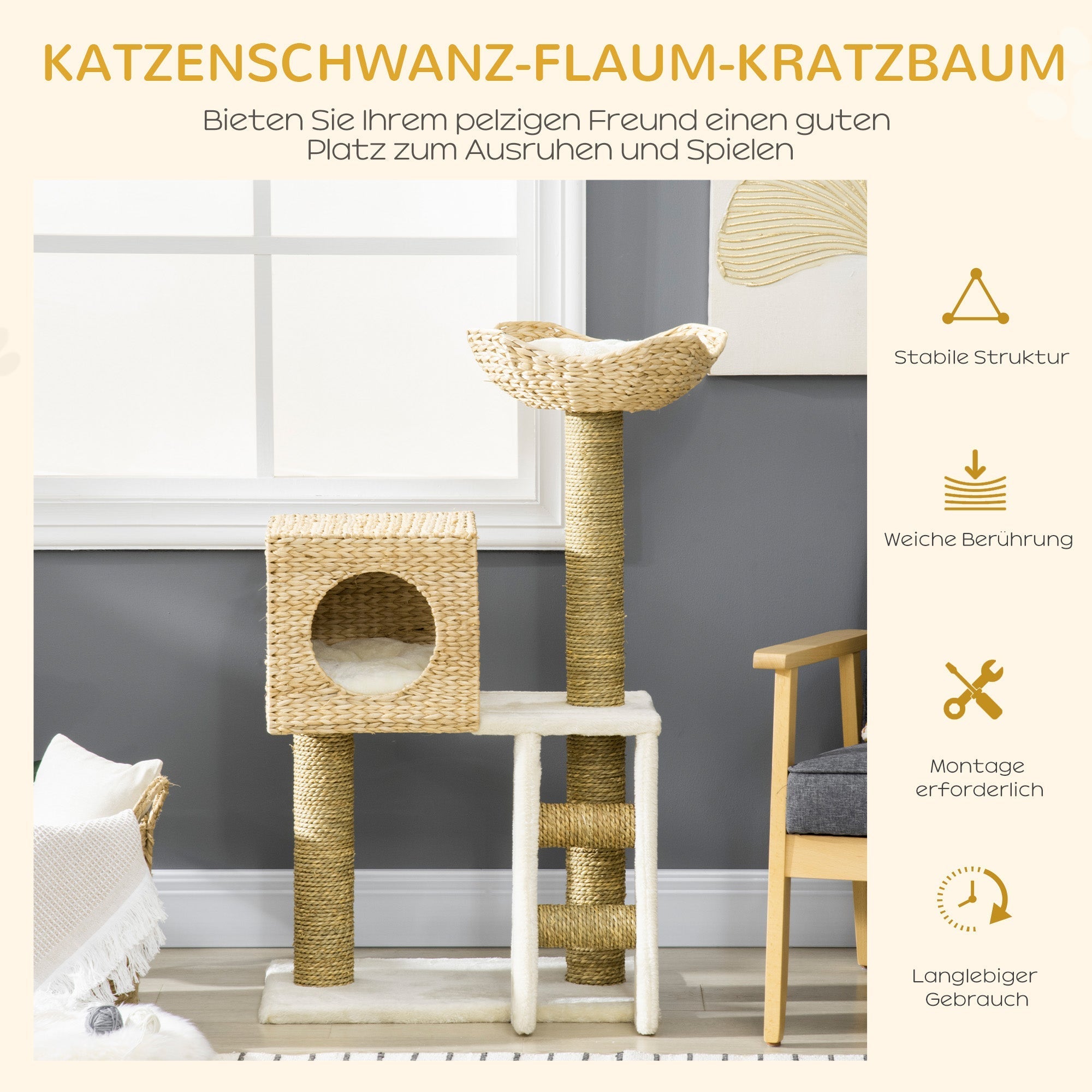 Katzenkratzbaum, 100,5 cm hoch, Katzenhöhle, Bett, Treppe, Sisal, Natur