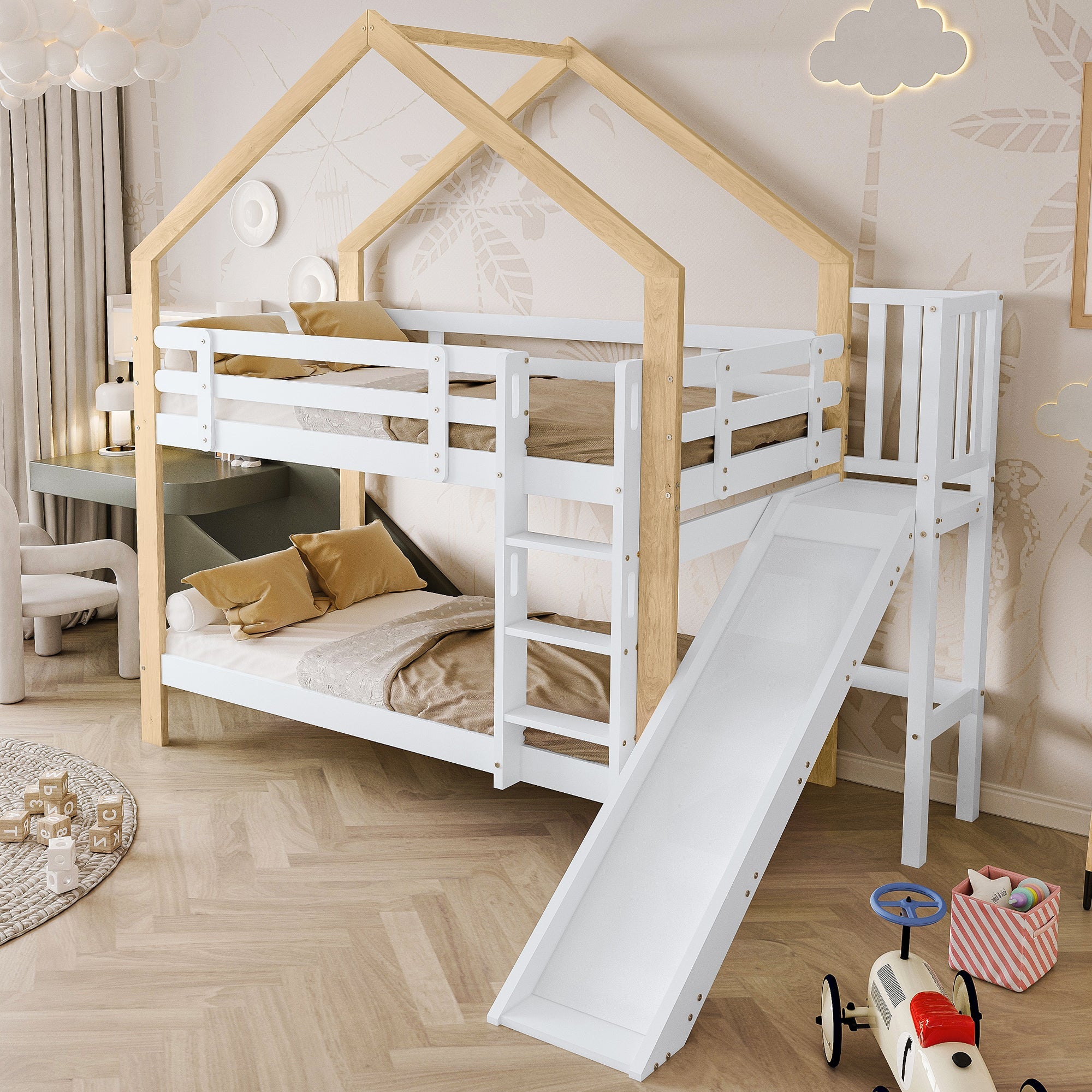 Bunk bed with slide, three-step angled ladder, safety guard, solid wood, white and natural, 90x200cm