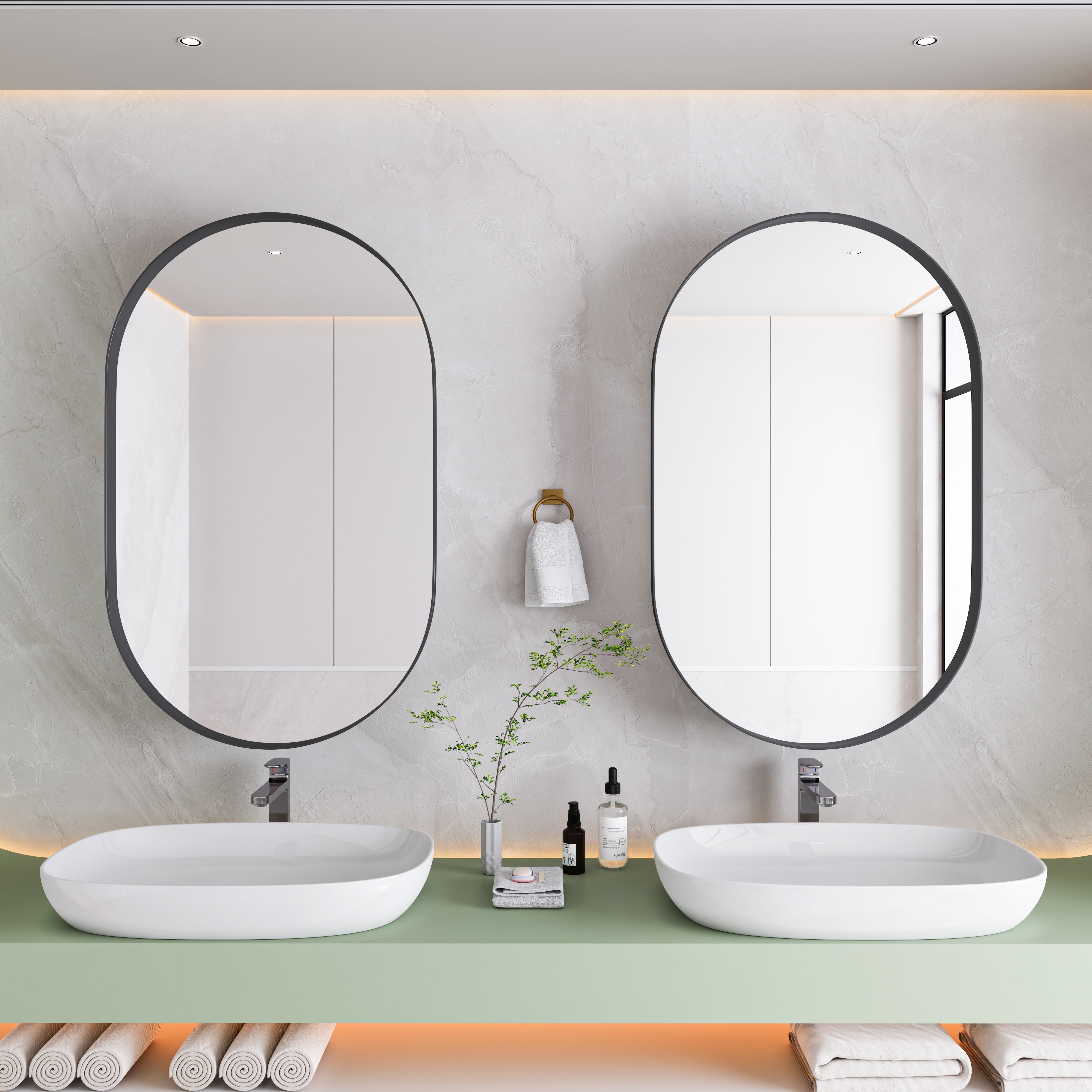 Stylish Oval Mirror Cabinet, Wall with Adjustable Shelves, Black