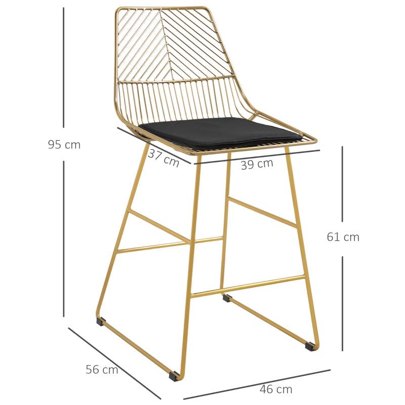 Set of 2 Bar Stools, Modern Counter Height Chairs, Wire Metal Frame, Gold