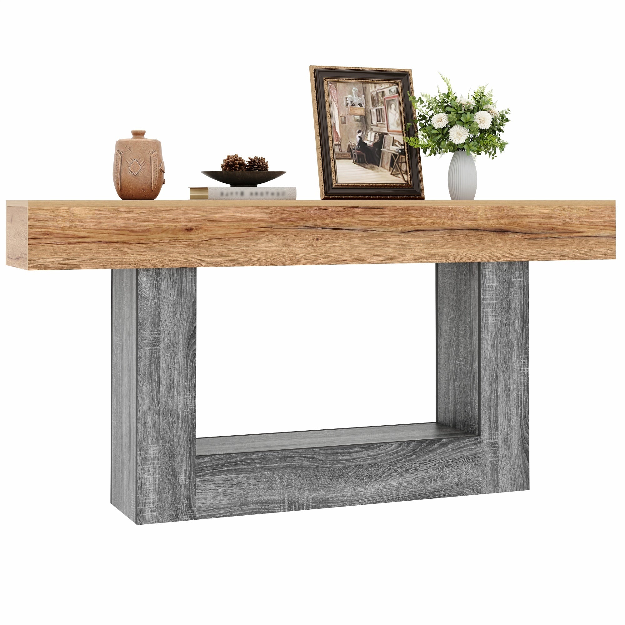 Two-Tone Console Table with Storage Shelf and Thick Tabletop, Wood Look Chipboard