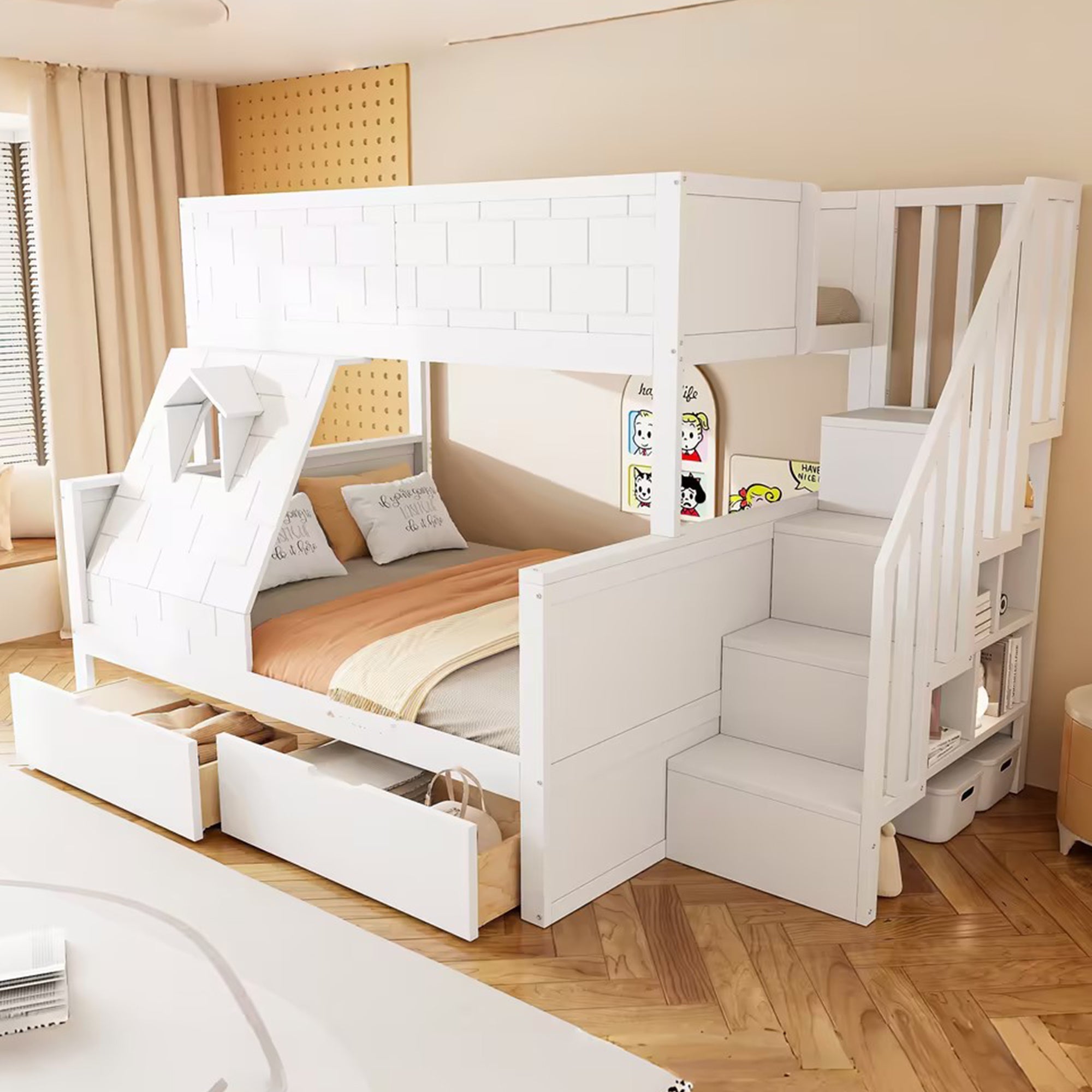 Bunk Bed with Safety Ladder, Drawers and Window, 90x200cm and 140x200cm, Solid Wood