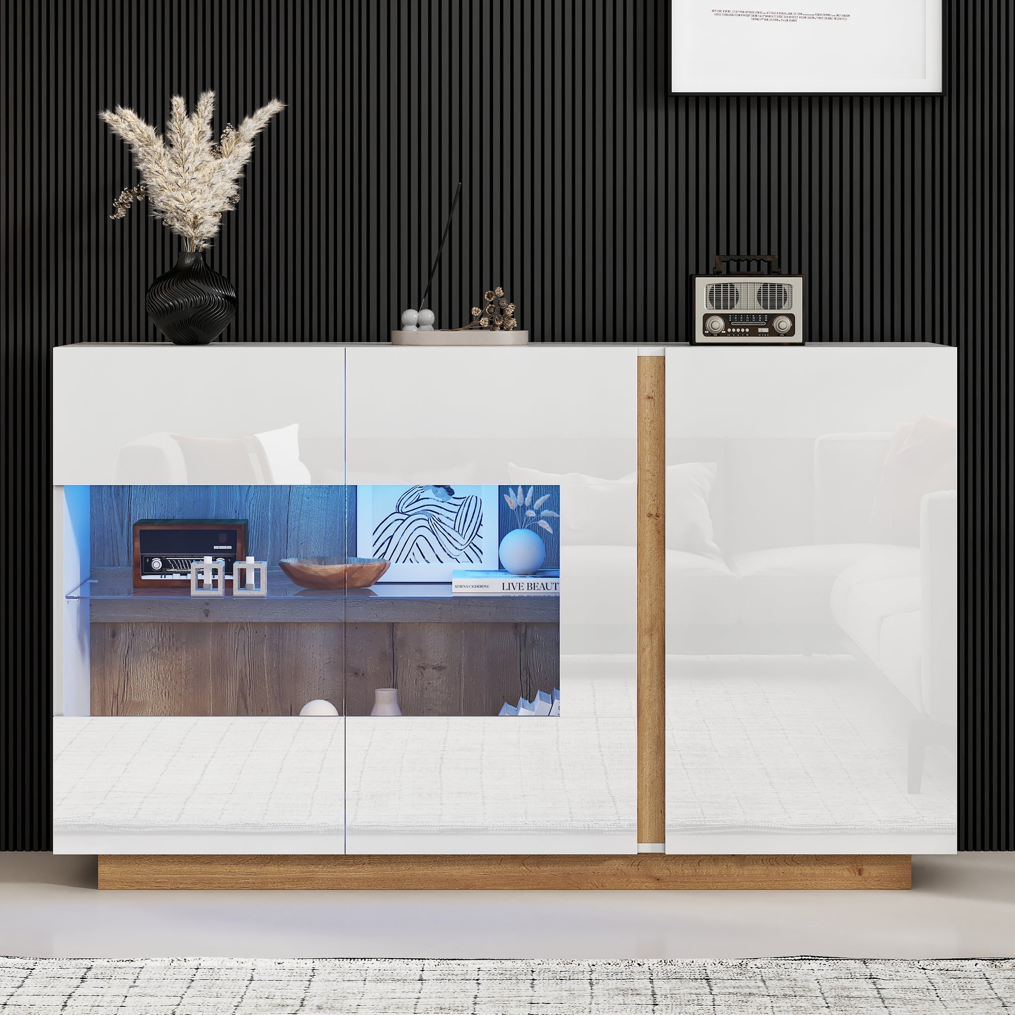 Sideboard High Gloss Chest of Drawers, White Chipboard with Glass
