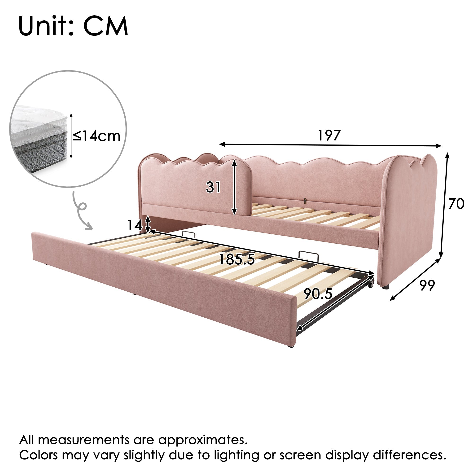 Upholstered Bed Daybed 90x190cm 3FT Single with Pull Out Trundle and Slatted Frame, Velvet Pink