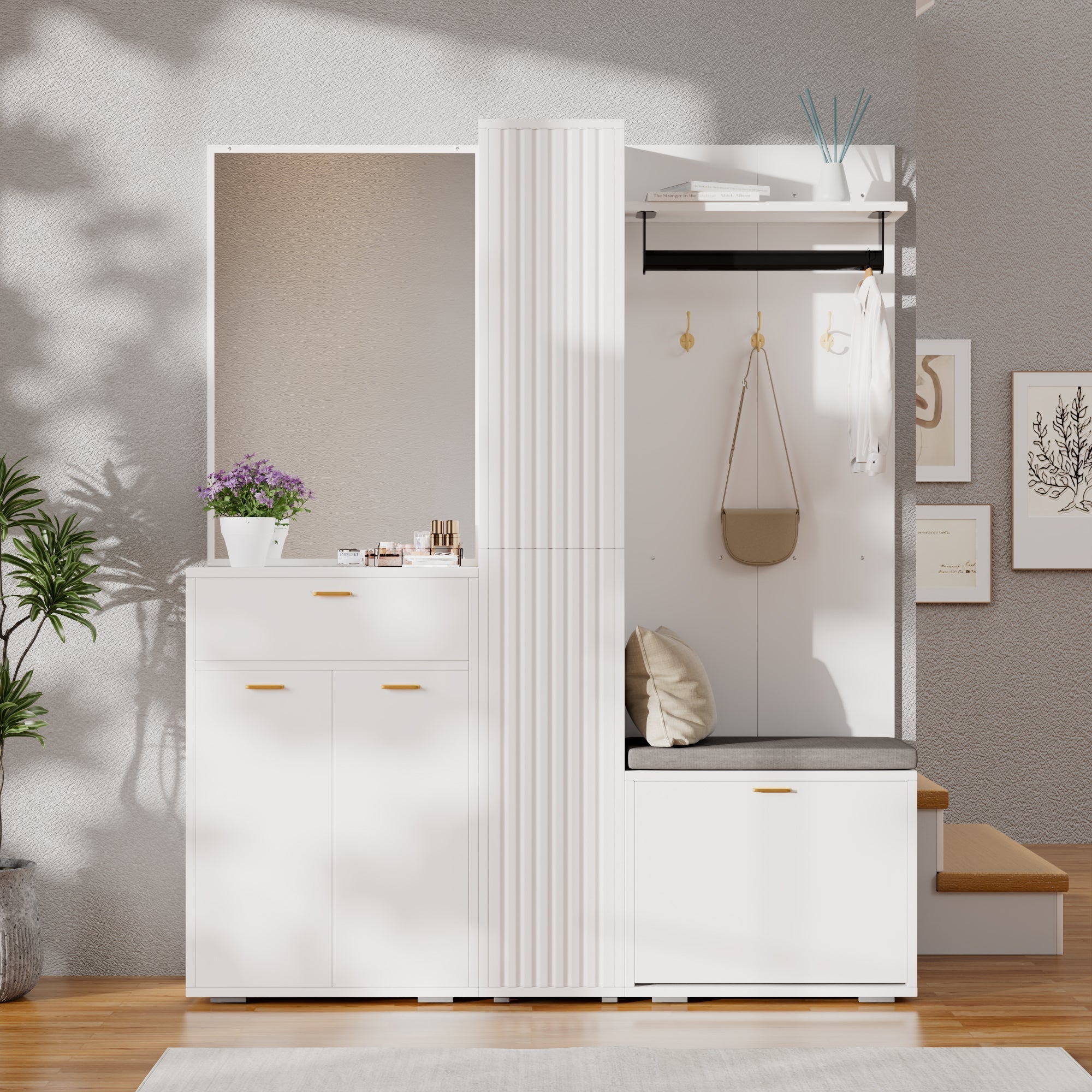 Wardrobe Set Compact Hallway Storage with Mirrored Sideboard Bench Shoe Rack 150x36x180 cm White
