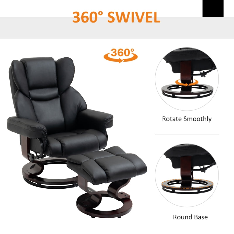 360° Swivel Recliner Chair with Footstool, Manual Recliner Armchair, Black PU Leather