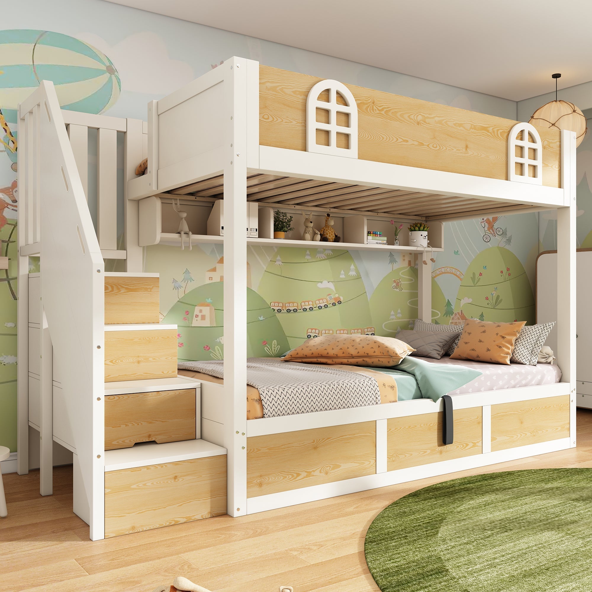 Children's Bunk Bed 90x200cm Staircase Wardrobe Storage White and Natural