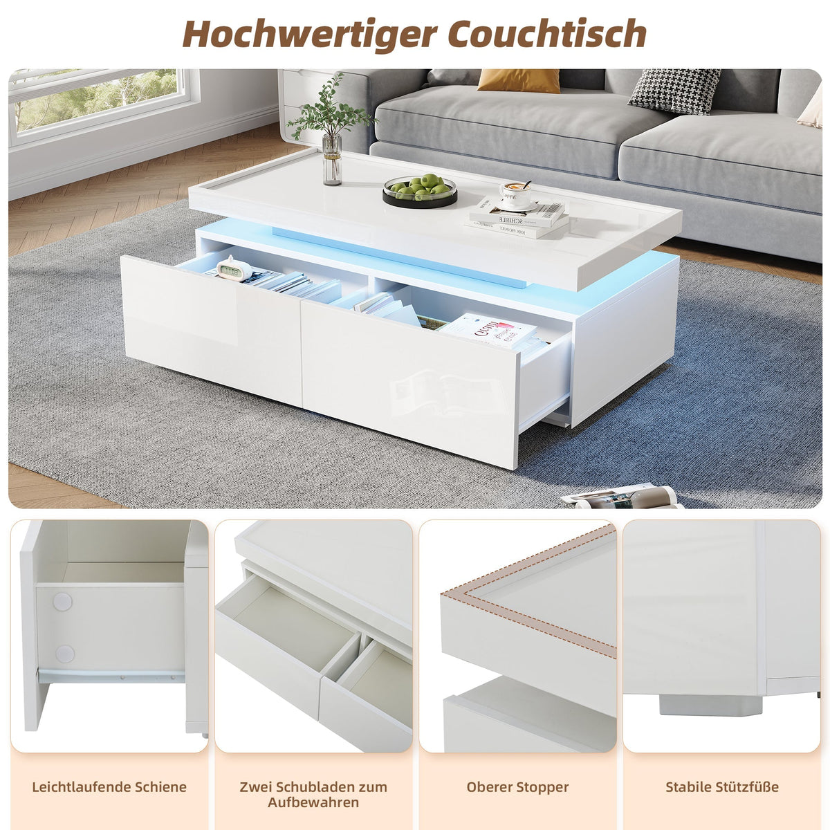 Coffee Table LED High-Gloss with 2 Drawers Geometric Design White