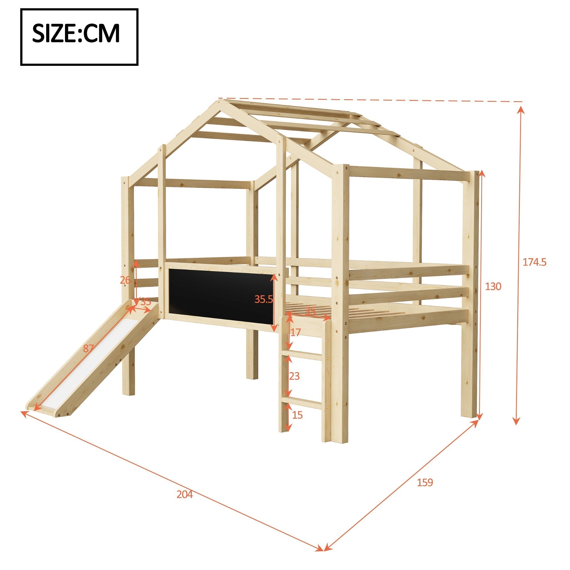 Children's Bed 90x200cm Attic Design Slide Graffiti Board Solid Wood/Wood Color