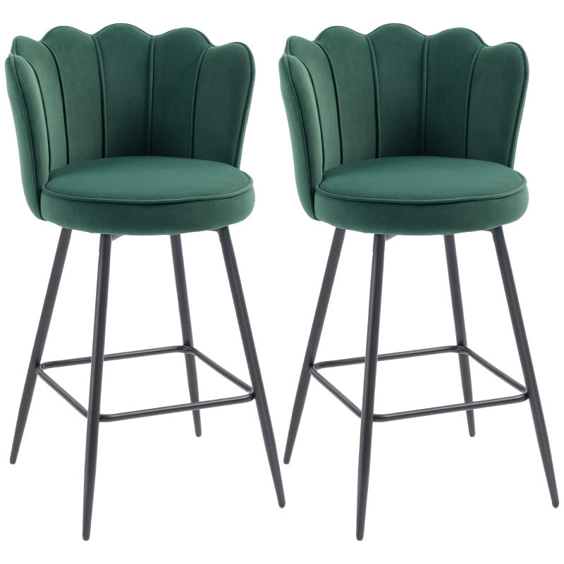 Set of Two Lotus Bar Stools - Velvet-Feel Dark Green