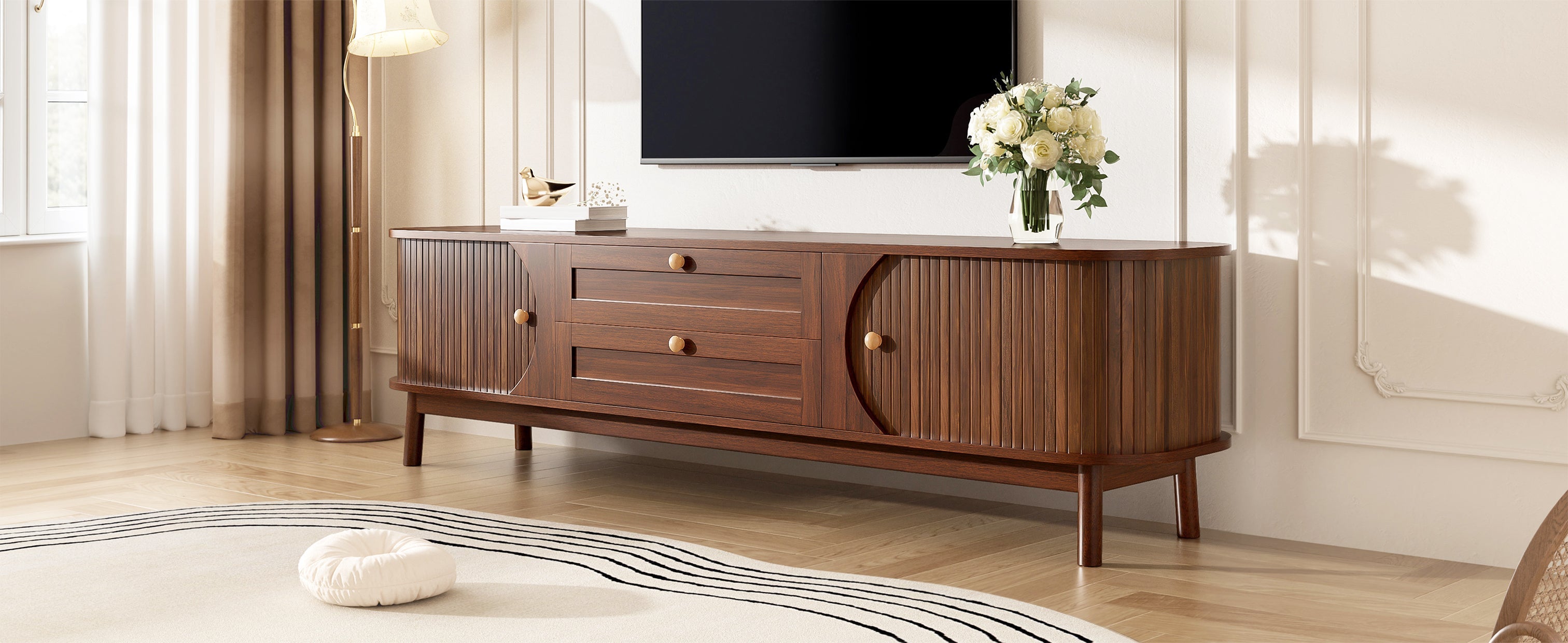 Modern TV Cabinet with Drawers, Storage, & Rounded Corners, Wood Look