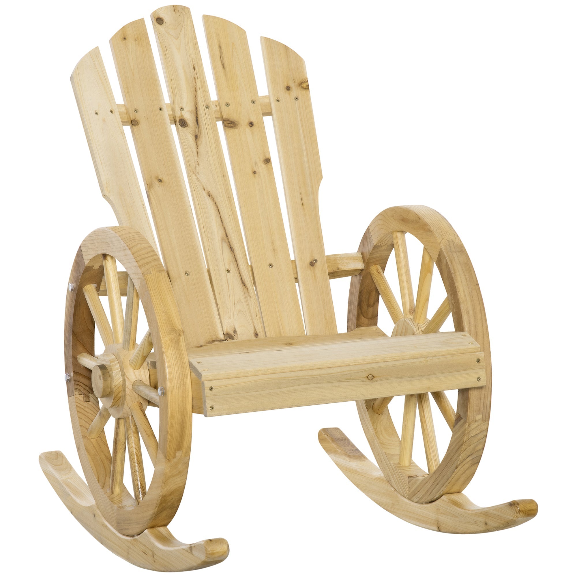 Rocking Chair, Rustic Relaxation Garden Chair with Wheels, Solid Natural Wood