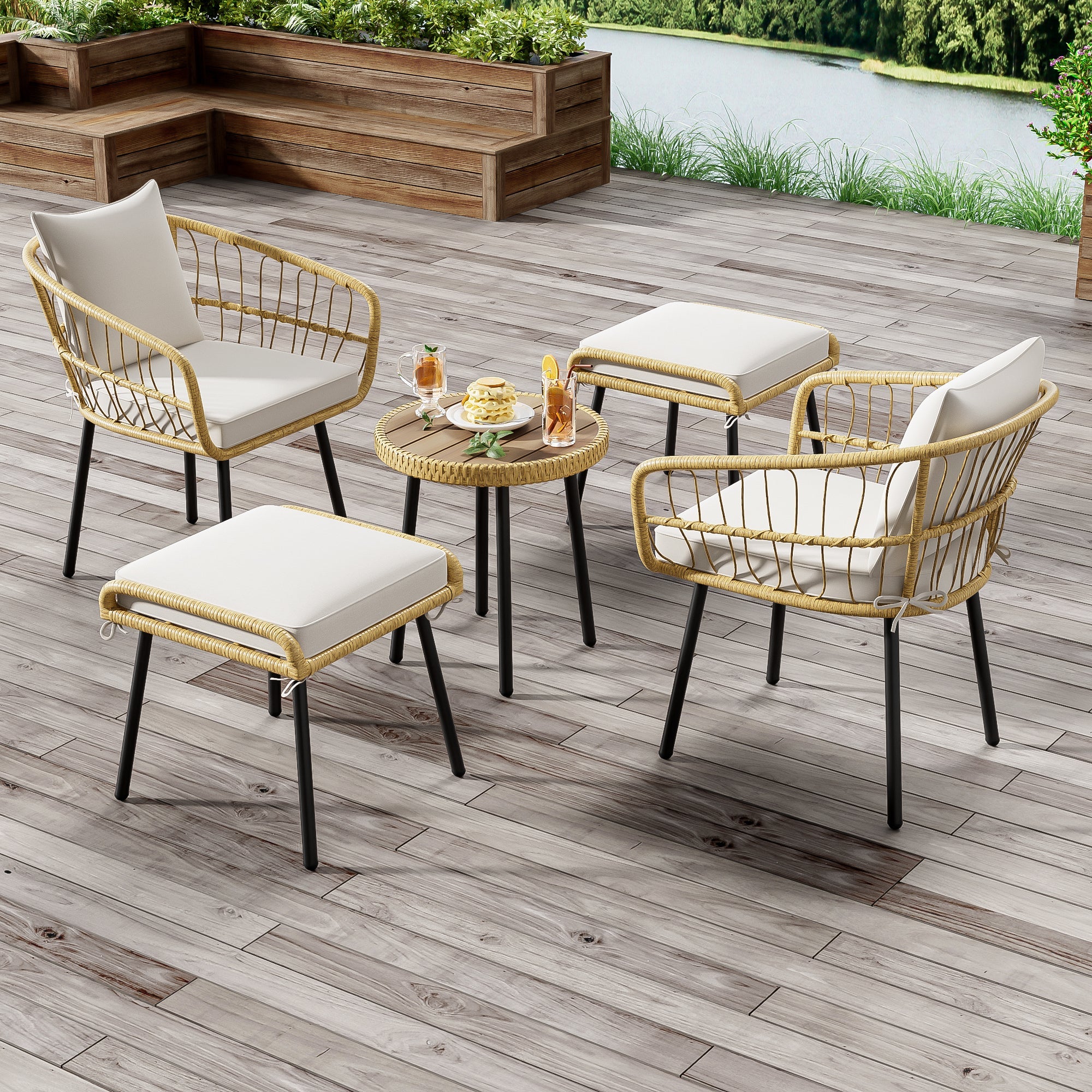 5-Piece Garden Lounge Set 1 Table 2 Chairs 2 Stools - Rattan Natural