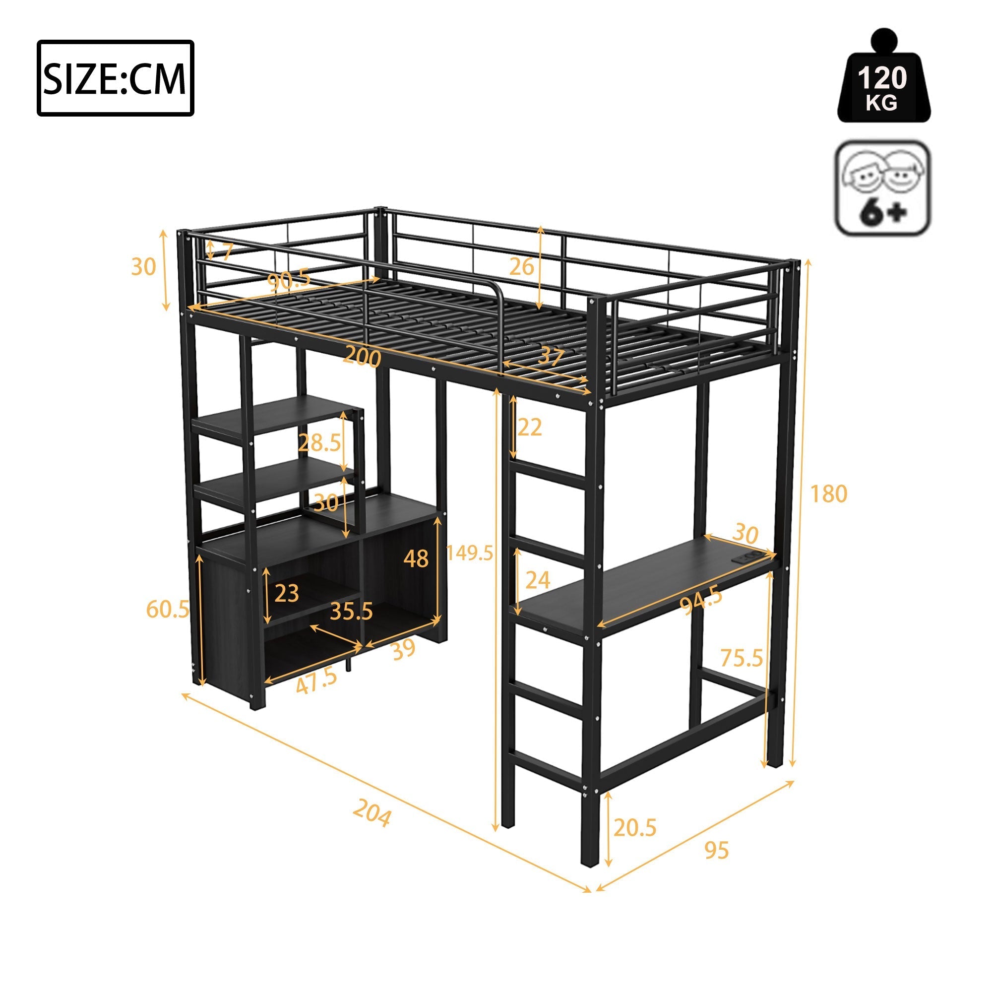 Loft Bed 90x200cm with Desk USB Charging Shelves Storage Ladder Black Iron