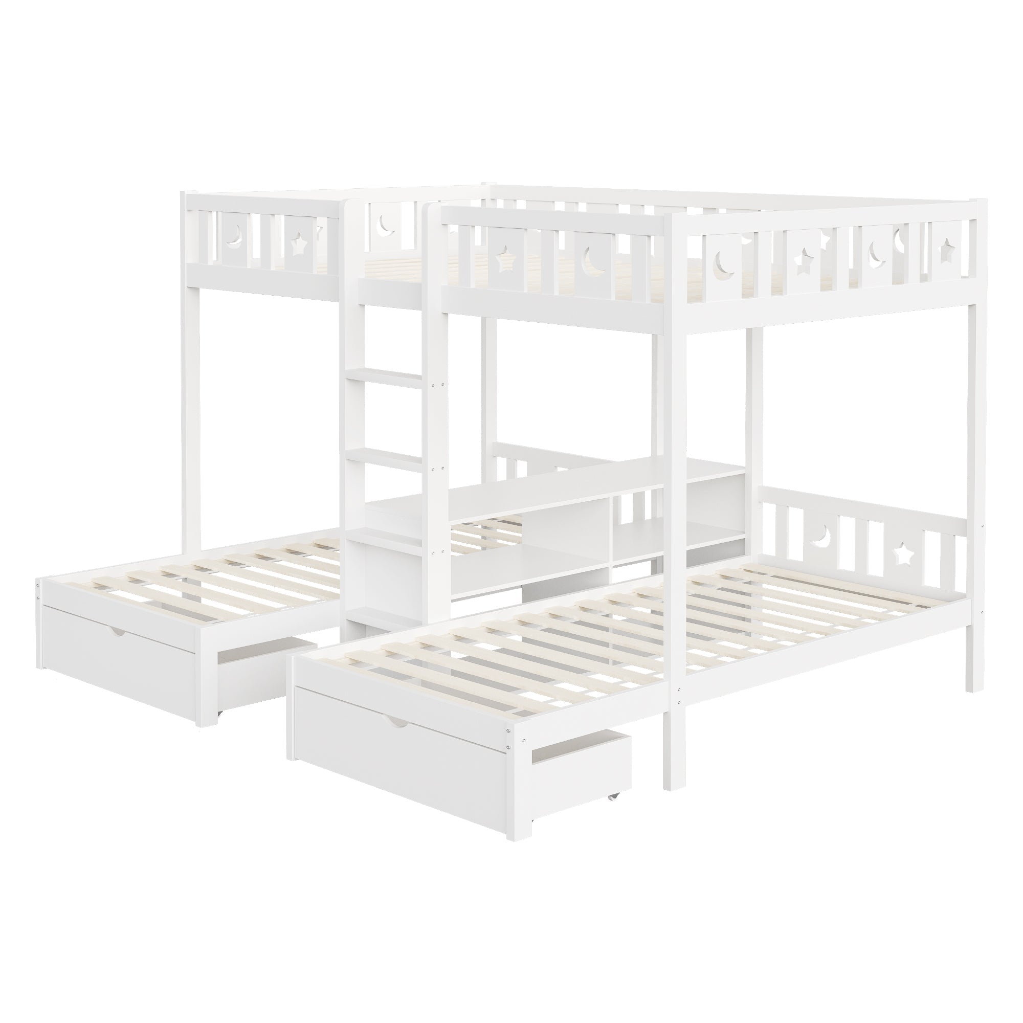 Triple Bunk Bed with Storage Stairs, Drawers and Star Moon Guardrails, 90x200cm & 140x200cm, White Solid Wood