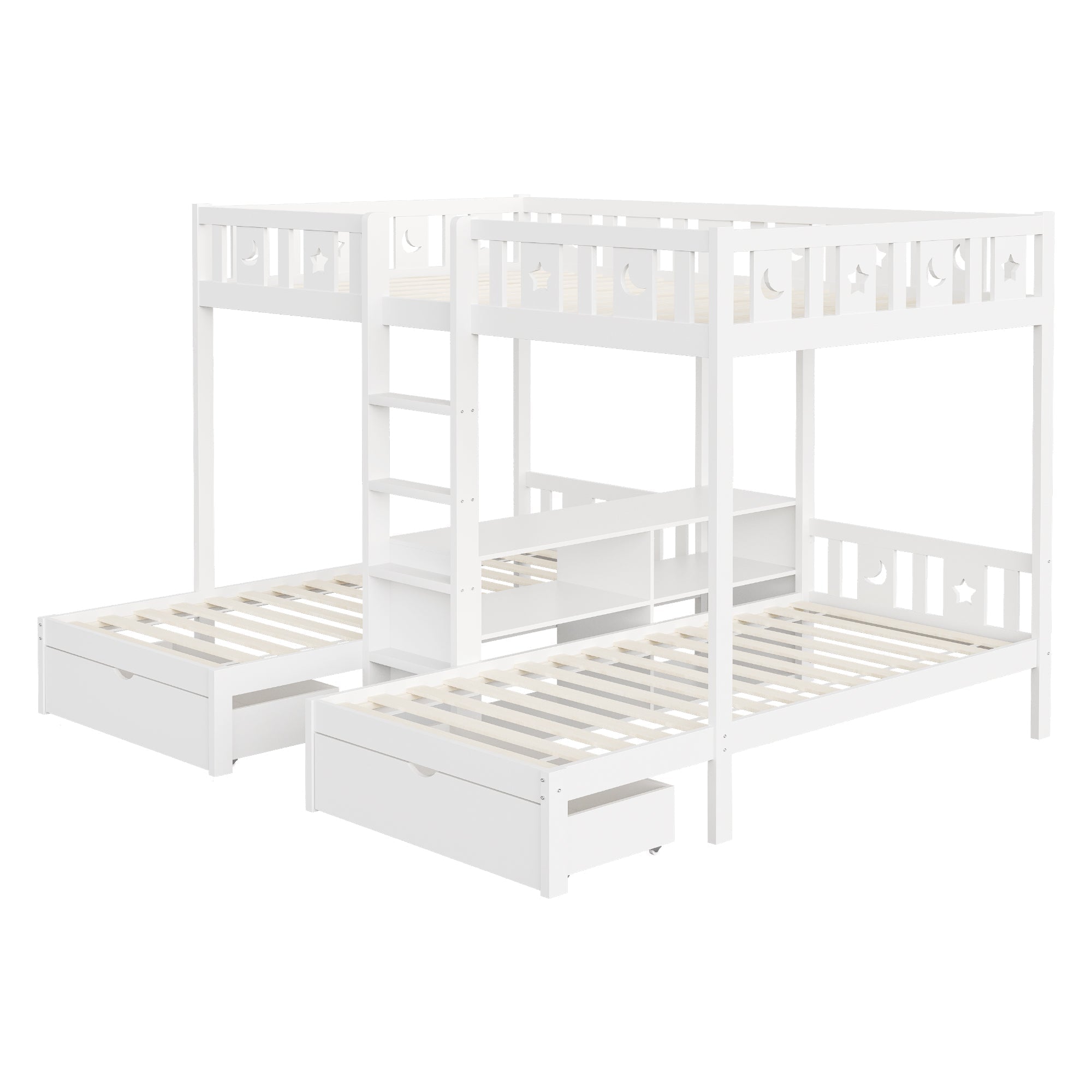 Triple Bunk Bed with Storage Stairs, Drawers and Star Moon Guardrails, 90x200cm & 140x200cm, White Solid Wood