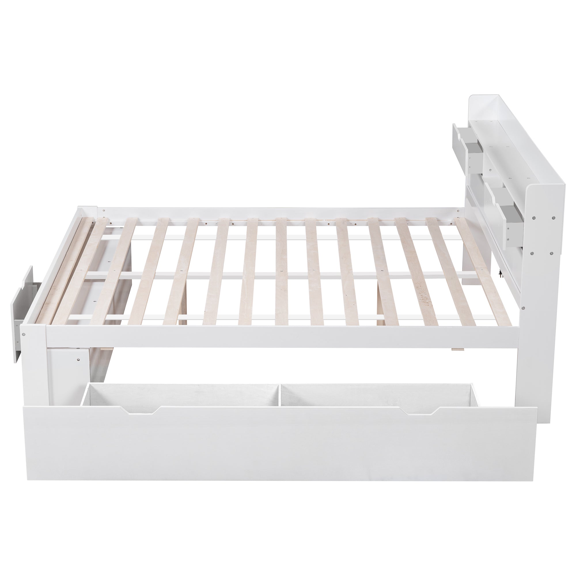Multifunctional Double Bed with USB Port, Drawers and Storage Cabinet, 140x200cm, White Wood